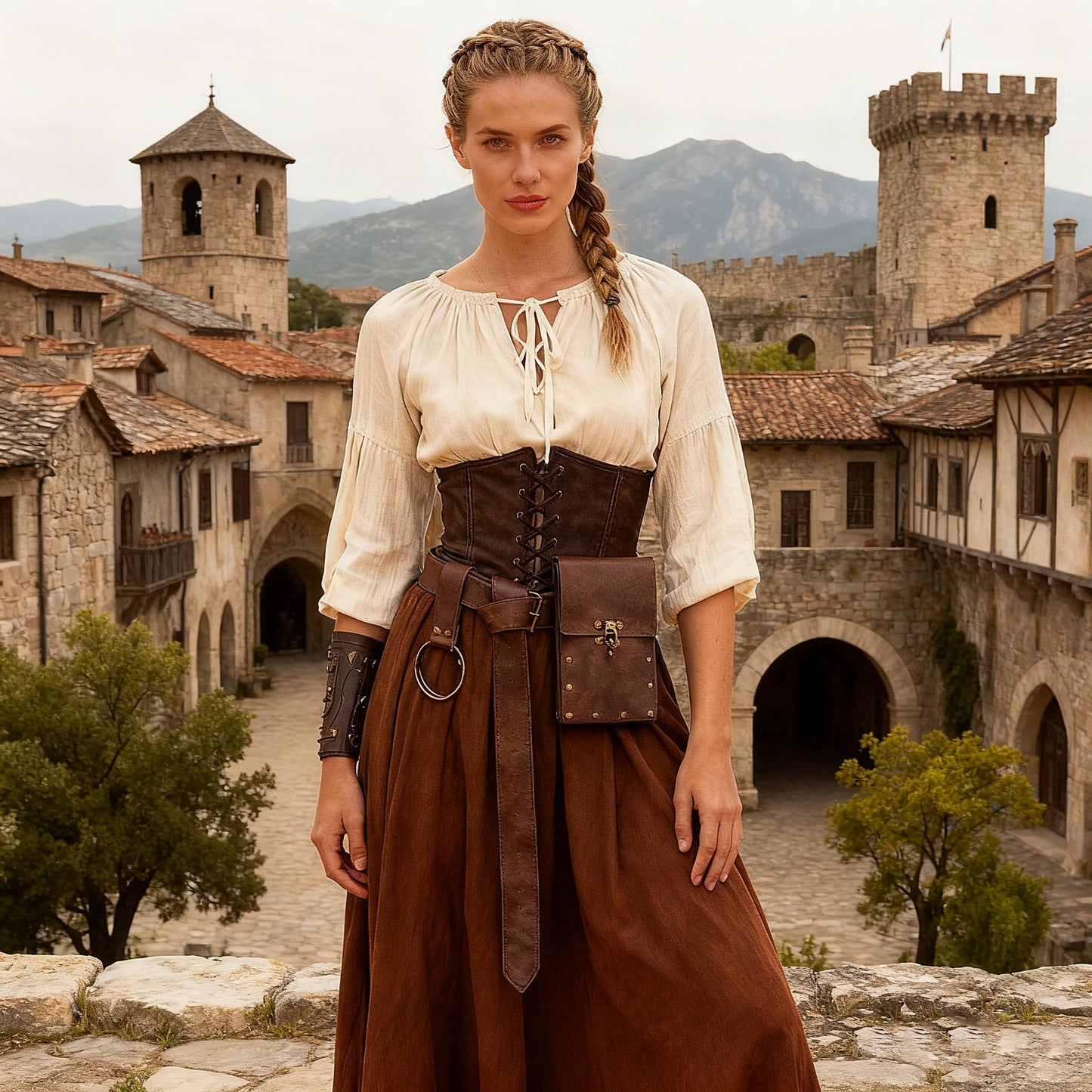 WooHand Renaissance Belt Bag Waist Bag Punk Medieval Leather Belt Bag Skirt Set, LARP Role-Playing Clothing Easter Retro Accessories (Brown)