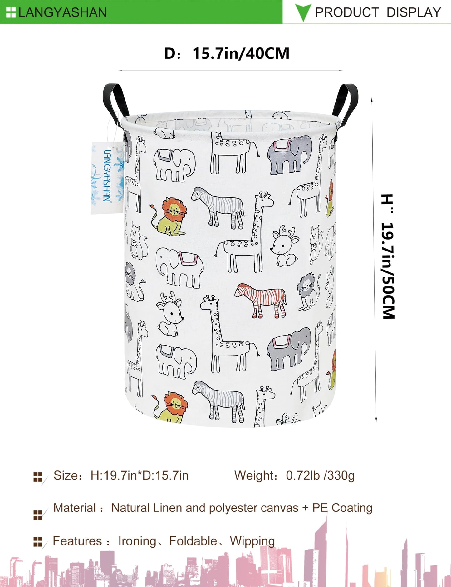 LANGYASHAN Laundry Hamper Collapsible Kids Storage Basket Waterproof Fabric Toy Clothes Organizer Bin for Children Bedroom Bathroom (Animals)