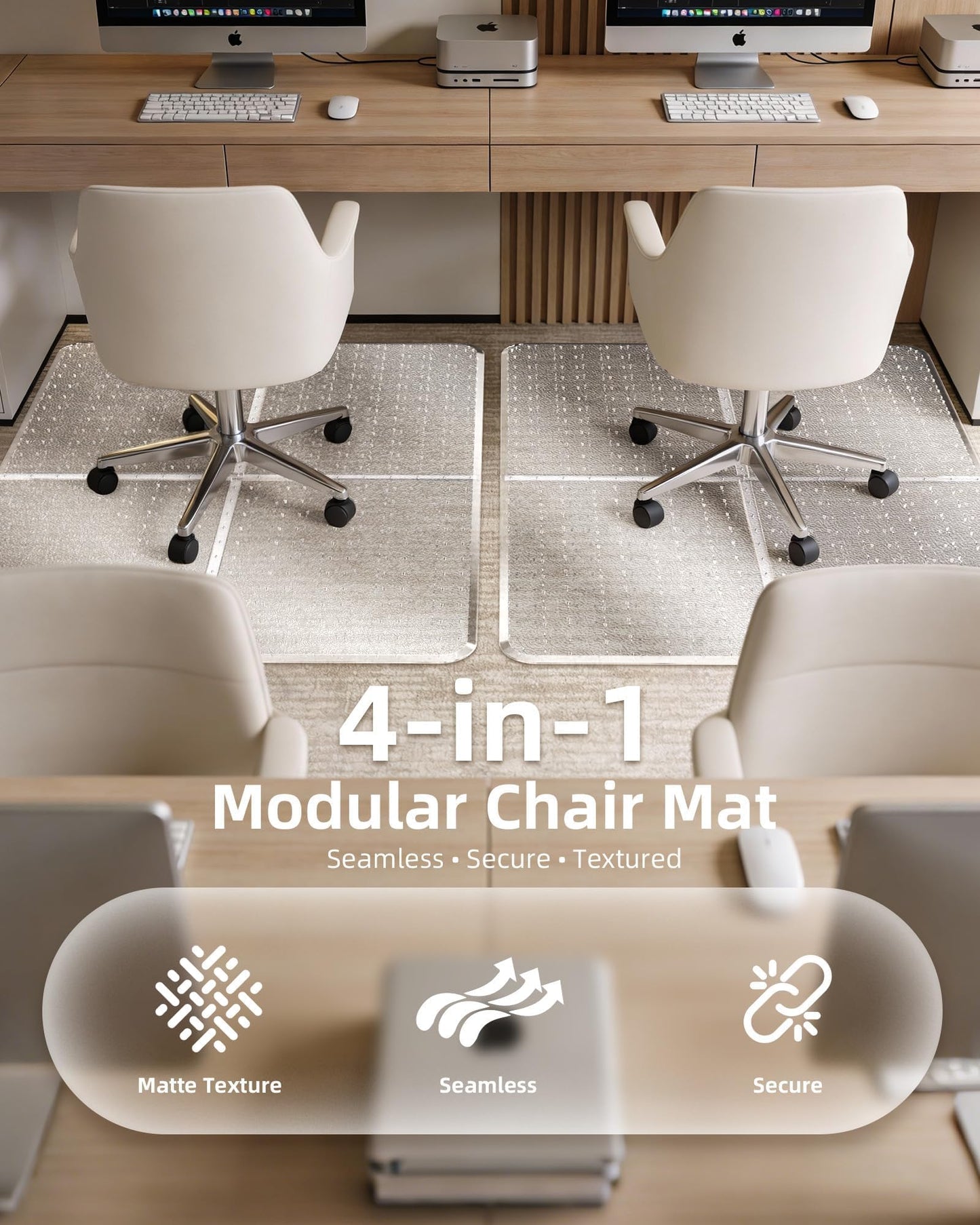 Office Chair Mat for Flat-Pile Carpet - 4-Piece Interlocking Desk Rug with Gripping Spikes & Beveled Edges, Clear PET Non-Slip Floor Mat for Gaming & Work