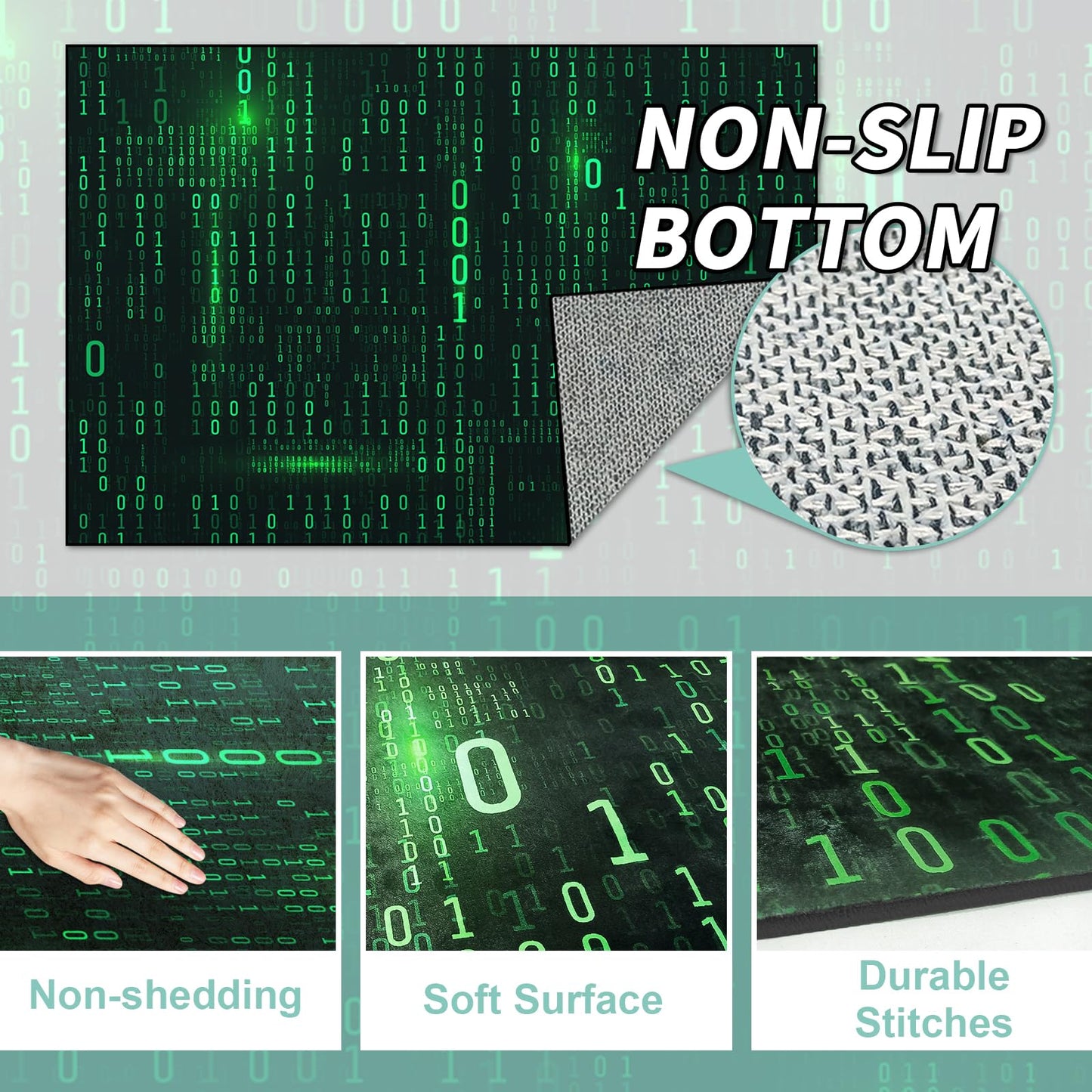 Washable Game Area Rug, Binary Code Design Gaming Programmer Teen Carpet Rug Doormat, Non-Slip Low-Pile Floor Carpet for Computer Bedroom Indoor Front Entrance Living Room Office (60" x 40")