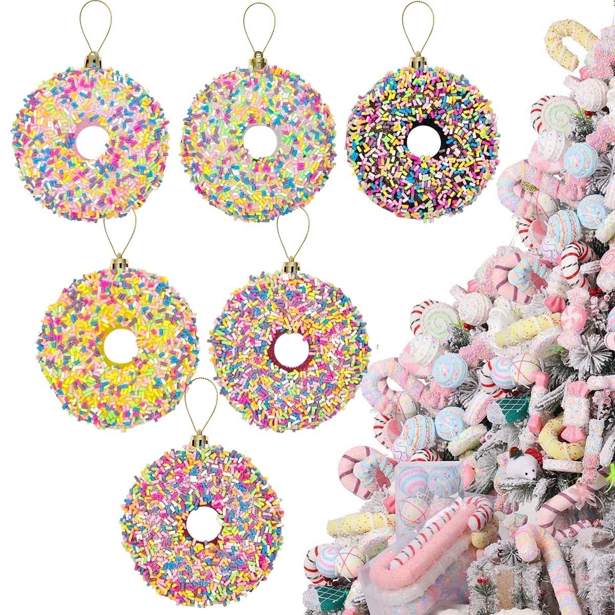 LANGXUN 6pcs Donut Candy Land 2025 Xmas Birthday Party Wedding Suppiles Decoration, Hanging Candy Cane Christmas Tree Décor, Christmas Decorative Hanging Ornaments Crafts
