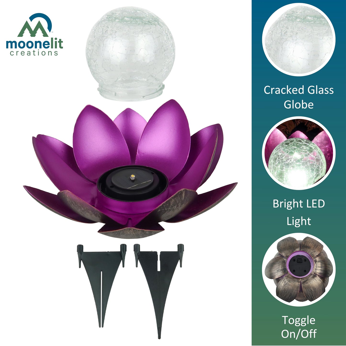 MooneLit Creations MCSLOTUS-V Violet Lotus Flower Solar LED Garden Light with Crackled Glass Globe – Waterproof Metal Outdoor Décor