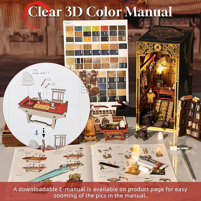 Book Nook Kit DIY Dollhouse Booknook Book Nook Miniature Kit for Bookshelf Insert Decor Crafts for Adults Teen Halloween 3D Wooden Puzzle with Led Light (The Emperor's Study)