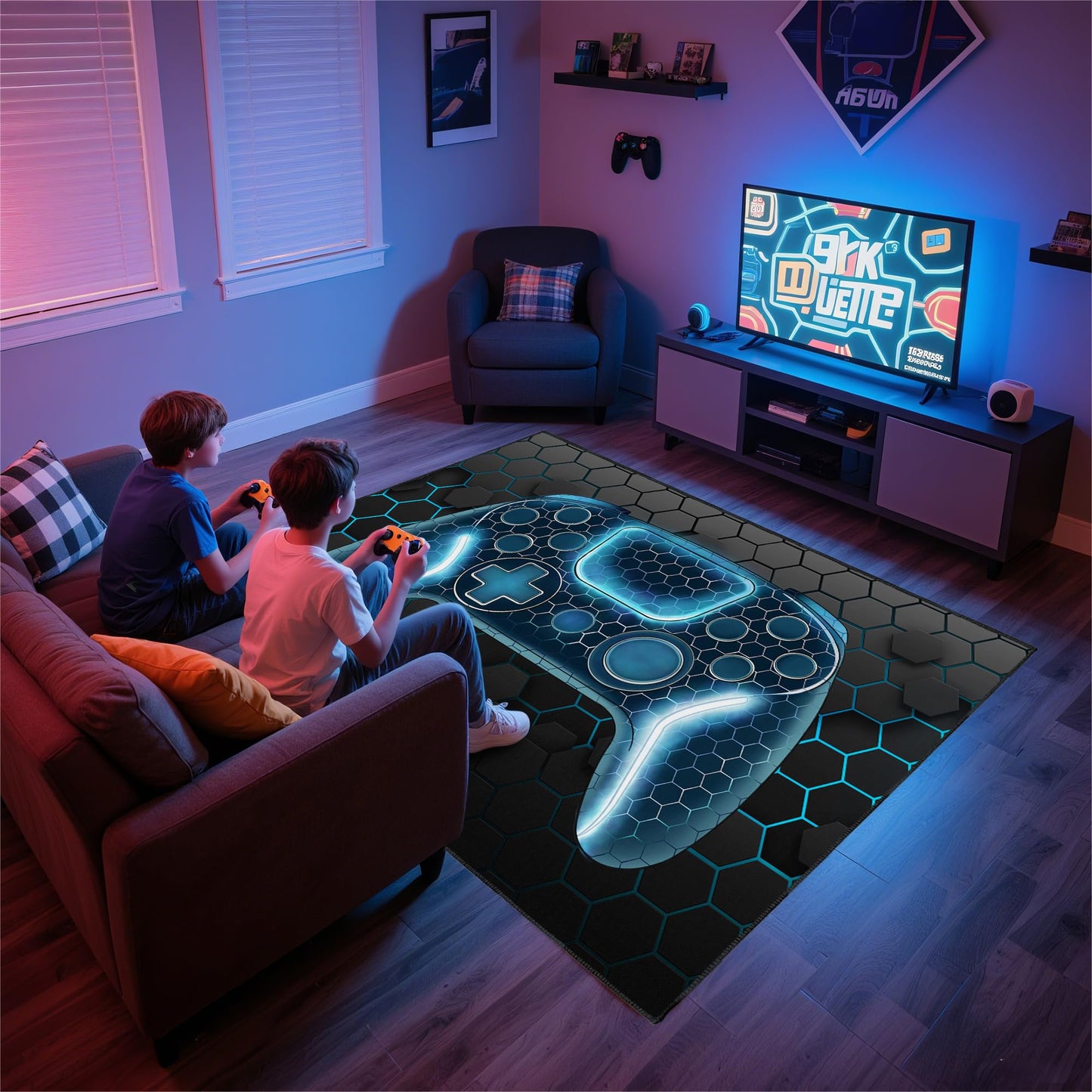 Vesocro Gamer Rug for Room,3x5 ft Non-Slip Blue Gaming Rugs for Bedroom Living Room and Game Space Decor