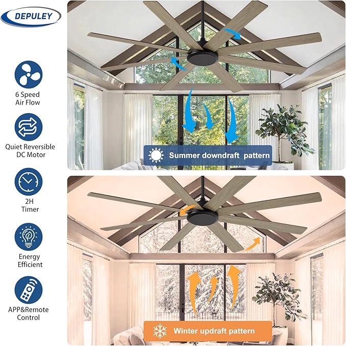 Depuley Large Ceiling Fan without Light: 66 Inch Indoor/Outdoor Fan Reversible DC Motor 6 Speed - Dual 8 Blades Big Ceiling Fans with No Light for Living Room Covered Patio, Wood Color