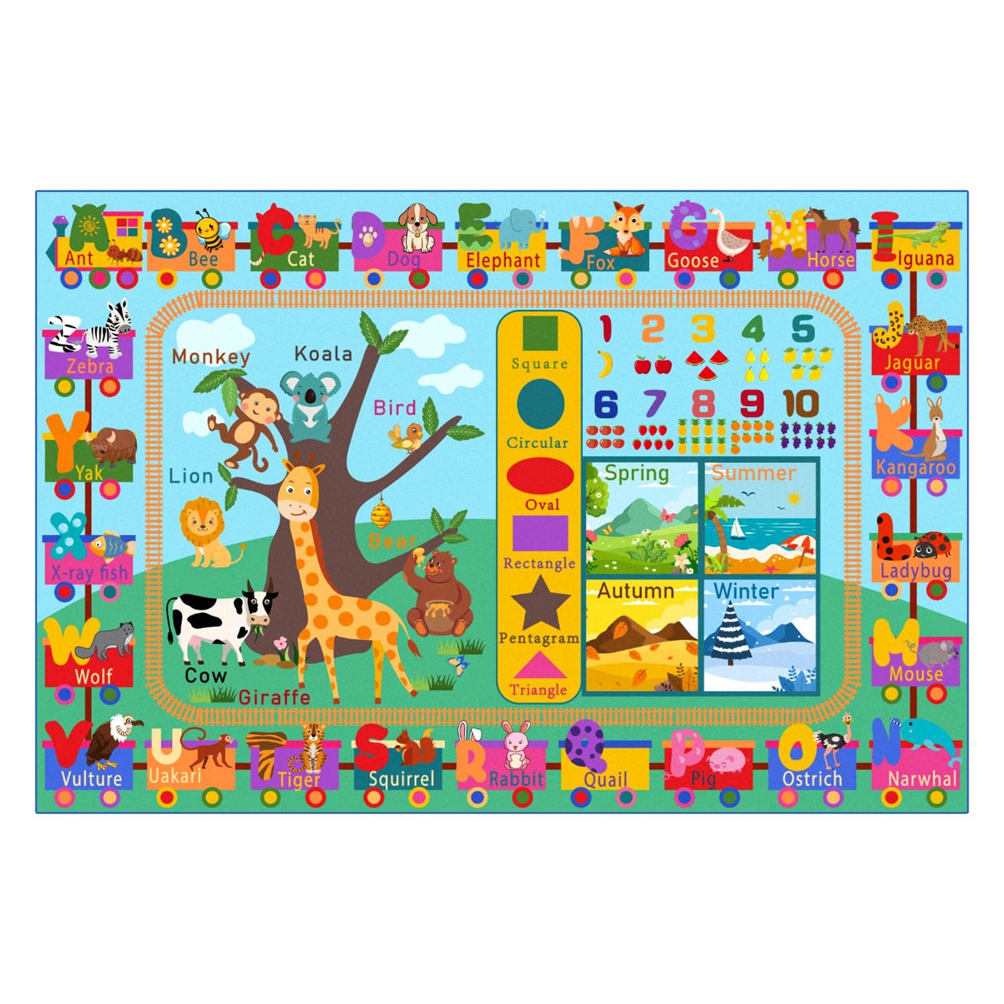 Zedrew Kids Rug for Playroom, 3x5 ABC Educational Carpet for Classroom, Fun Alphabet Area Rugs for Learn Numbers Season Animal Weather and Shapes Playmat for Girls Boys Room Nursery Decor