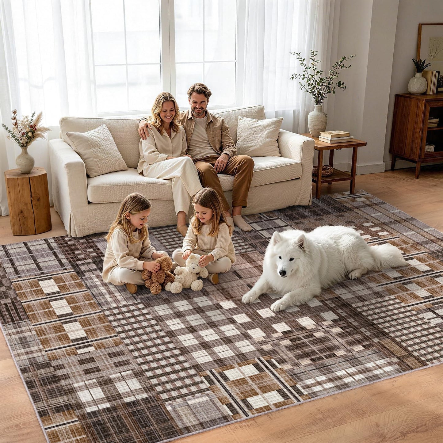 Rezutan Area Rugs 8x10 Washable Non-Slip, Modern Abstract Distress Carpet for Living Room Bedroom Dining Room, Coffee Caramel Brown Grey Chocolate Neutral Soft Carpet Low Pile Foldable Thin Rugs