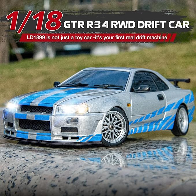 ARRIS LD1899 1/18 RC Drift Car GTR R34 2.4GHz RWD with Gyroscope on-Road Alloy Body Shell Racing Cars Radio Control Silver