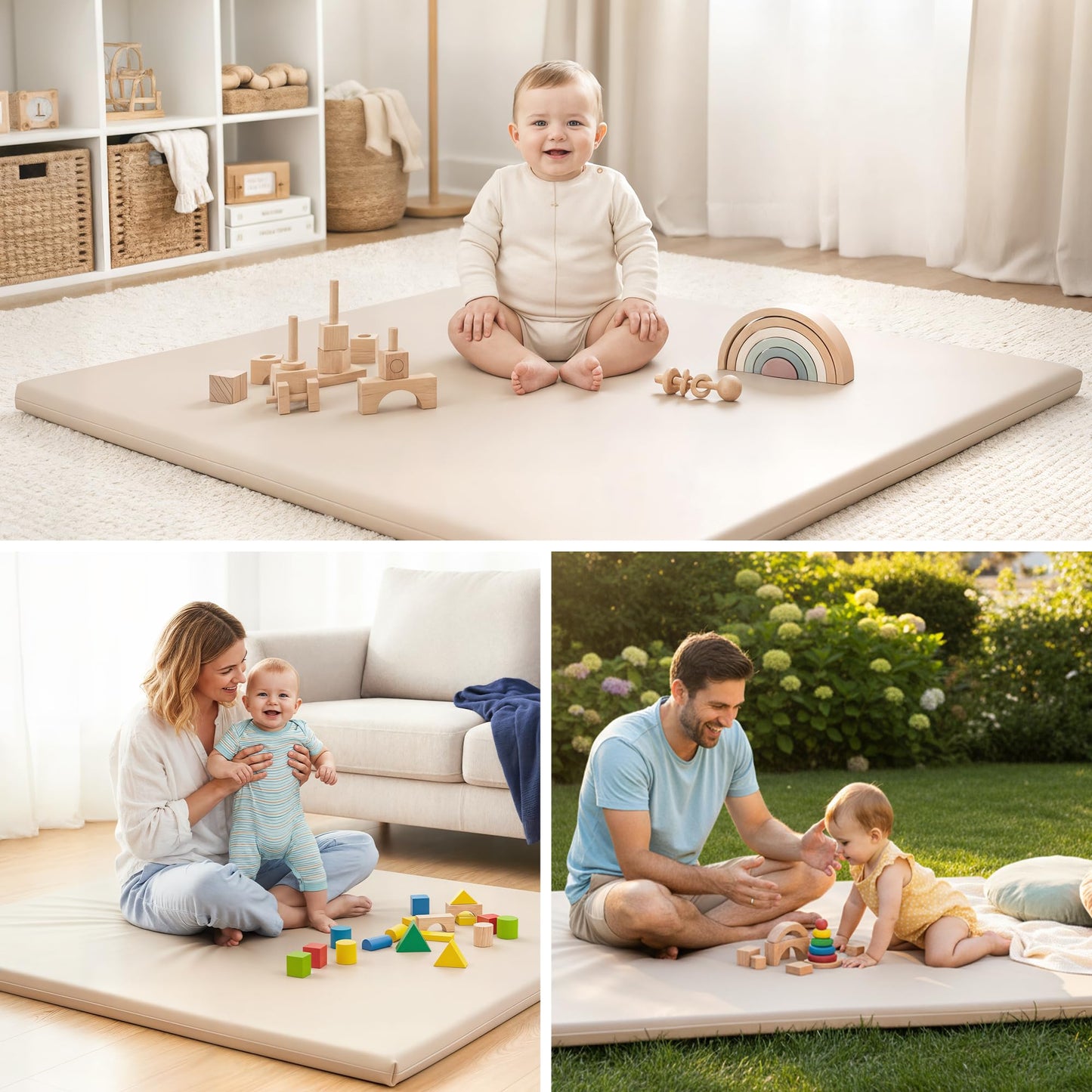 Motherly Haven Thick Baby Play Mat – 50x50x1 Rollable Foam Floor Mat for Babies, Tummy Time, Crawling & Safe Indoor Play – Waterproof, Non-Toxic & Easy to Clean – Beige