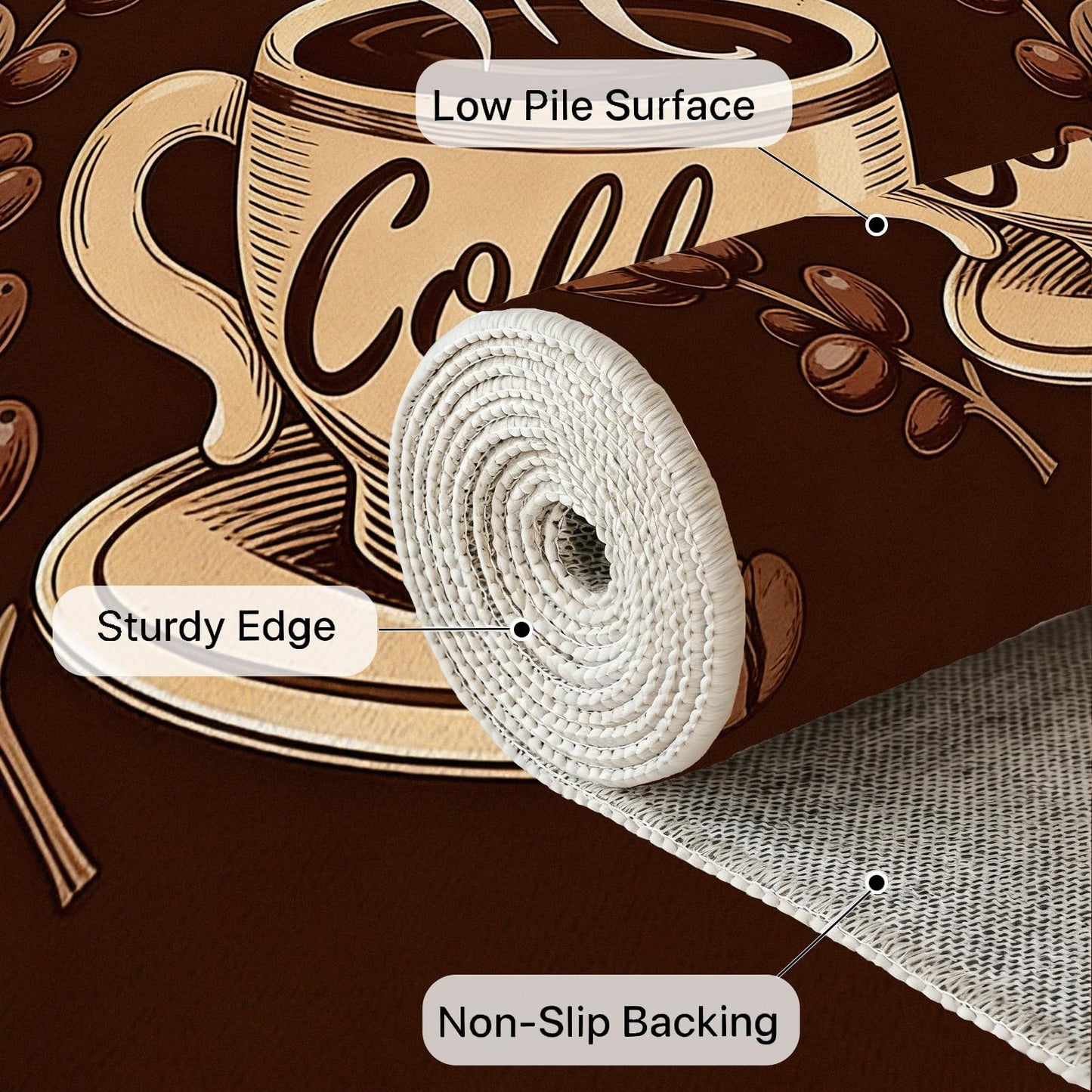 Egljss Round Washable Rugs 6ft, Coffee Cup Circle Area Rug for Bedroom, Coffee Bean Round Carpet for Living Room, Brown Circle Rug Non Slip for Dining Table Kitchen
