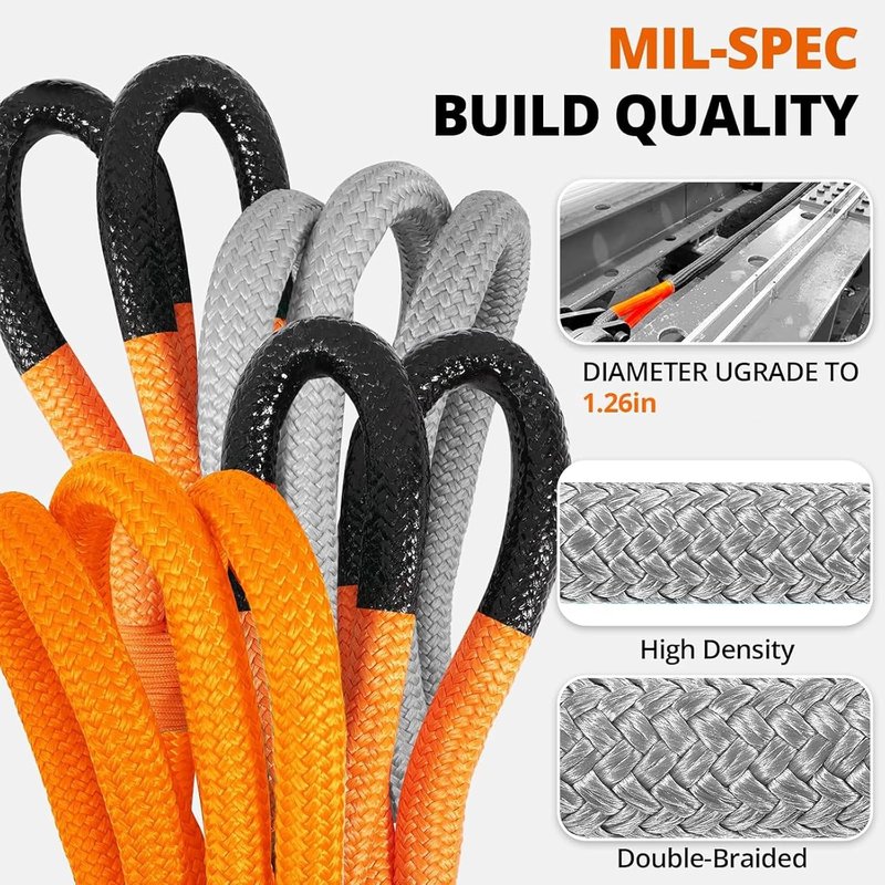 Kinetic Recovery Tow Rope - 1.26" x 30ft Heavy Duty Snatch Strap Kit for Trucks, SUVs, ATVs | Orange