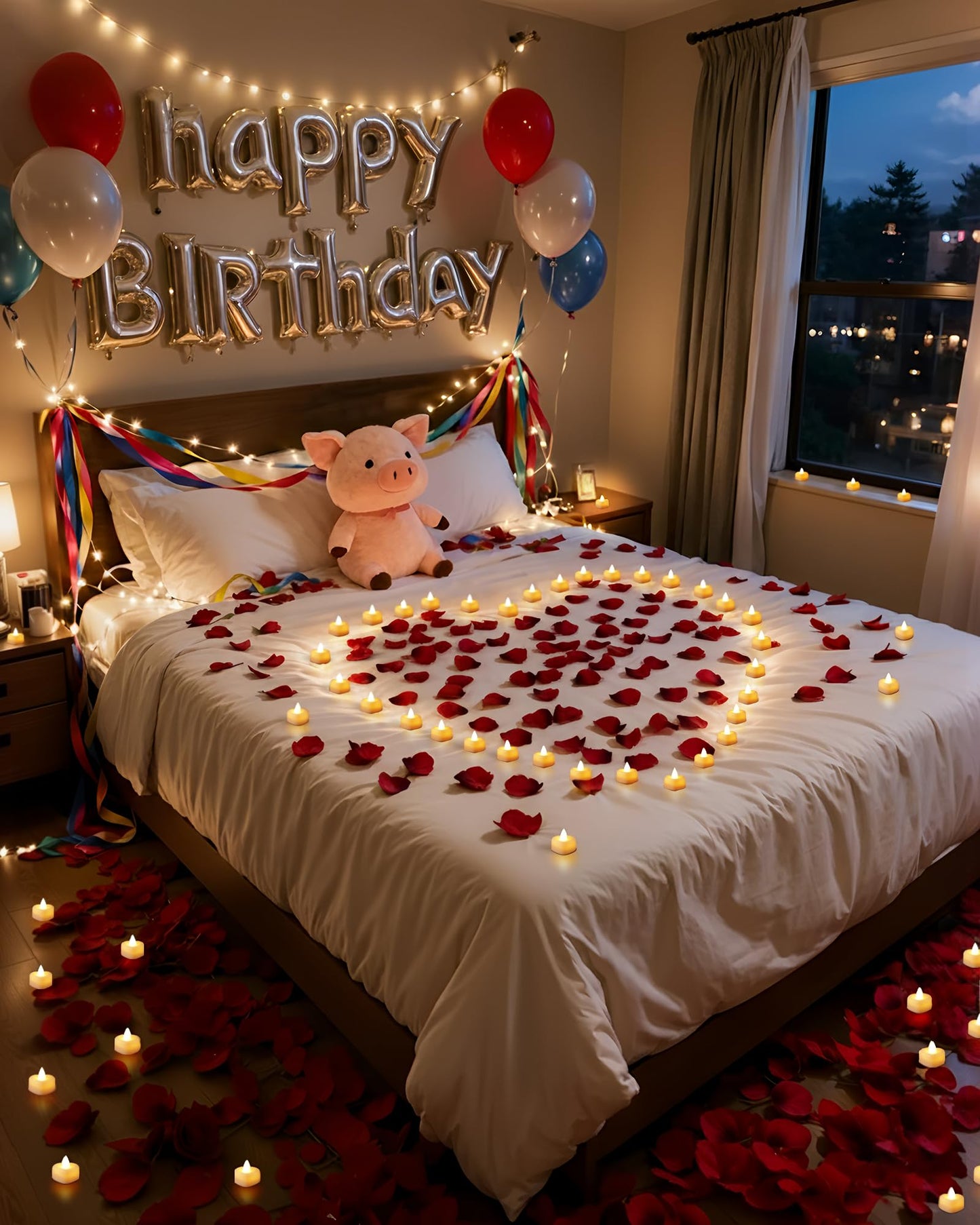 Amagic 2000 Pieces Artificial Rose Petals with 24 Heart LED Tea Lights Candles Kit, Rose Petals and Candles Set for Proposal, Anniversary, Special Romantic Night, Wedding Table Decor, Birthday