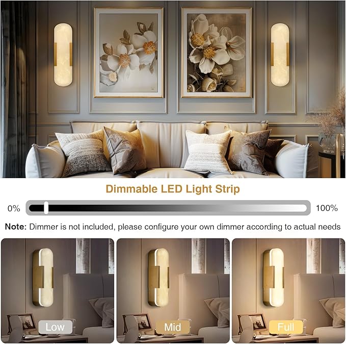 13.8 inch Alabaster Wall Sconces Set of Two, Natural Marble Wall Lighting, Brass Bedside Wall Lamp, Indoor Vanity Light Fixtures for Hallway,Bathroom Living Room (Including LED)