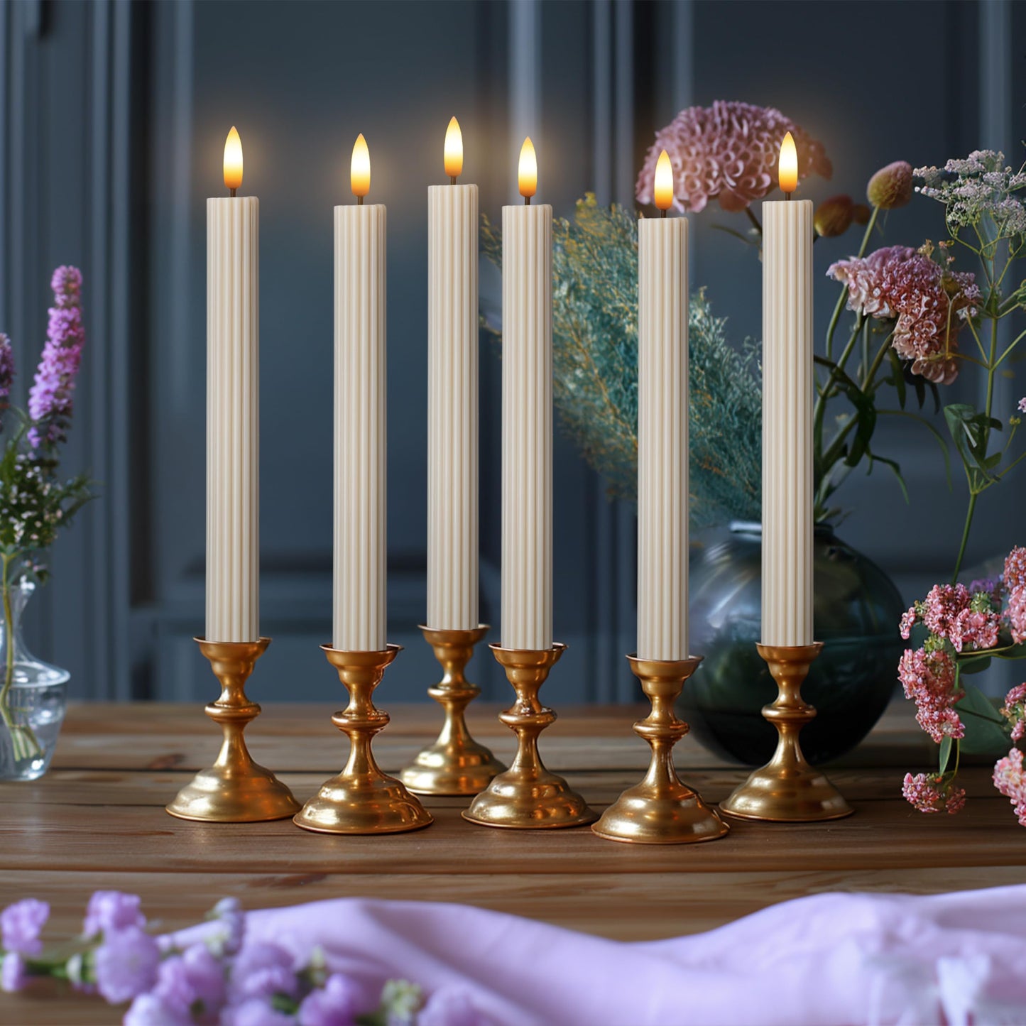 West Ivory 12 Pack, 10" LED Flameless Real Wax Cream Beige Fluted Ribbed Grooved Taper Candles, Remote & 24h Timer Memory, On/Off Button, Dimmable, Flicker Mode, Battery Operated, Wedding