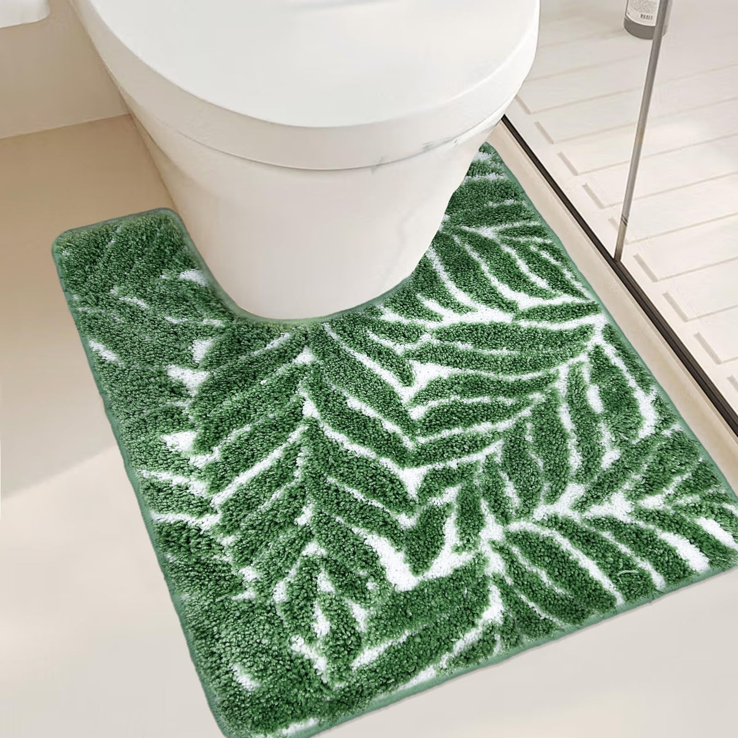 Homantic Dark Green U Shaped Toilet Mat for Bathroom Floor 24x20 Non Slip Washable Water Absorbent Cute Bathroom Decor Leaf Contour Bath Mat