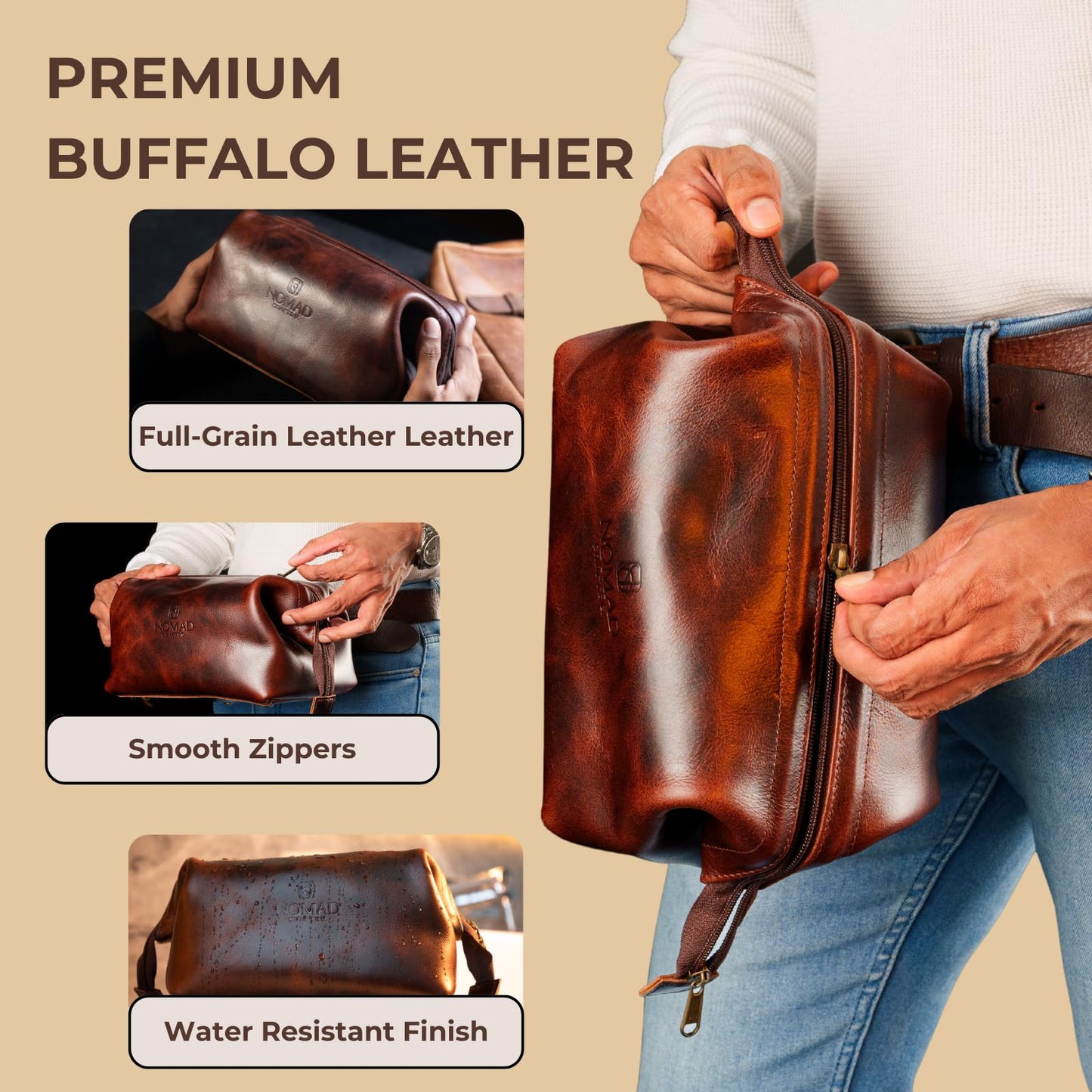 NomadCraftsCo. Premium Leather Travel Toiletry Bag for Men and Women, King-Size Dopp Kit with Waterproof Lining, Mens Toiletry Travel Bag