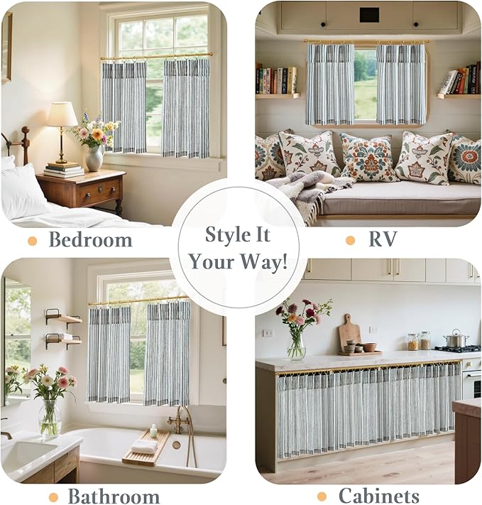 jinchan Striped Linen Kitchen Curtains with Attached Valance 36 Inch Length Cafe Tier Curtains for Living Room Rustic Half Window Light Filtering Rod Pocket Small Drapes 2 Panels Blue