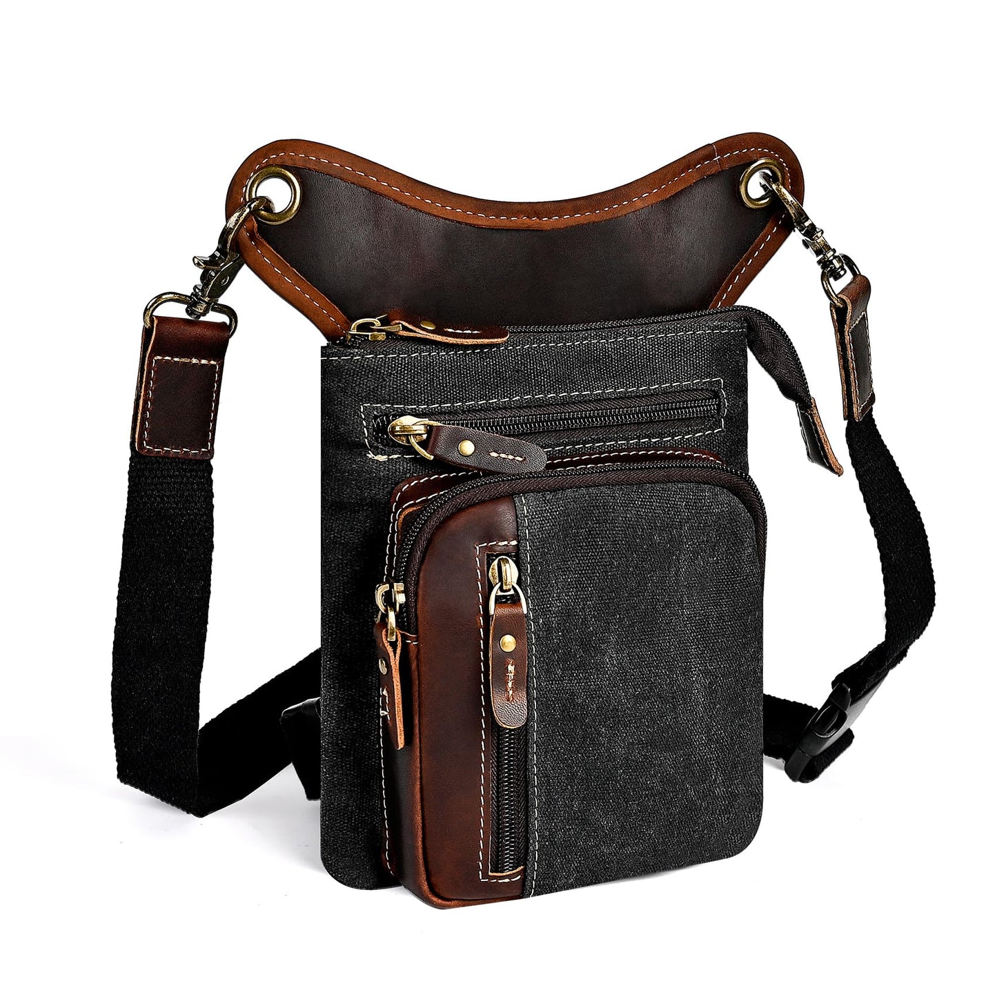 Handadsume Water Resistant Canvas + Leather Motorcycle Fanny Waist Pack One Shoulder Drop Leg Thigh Bag For Men Women FB211-6 (Z-211-11-Black)