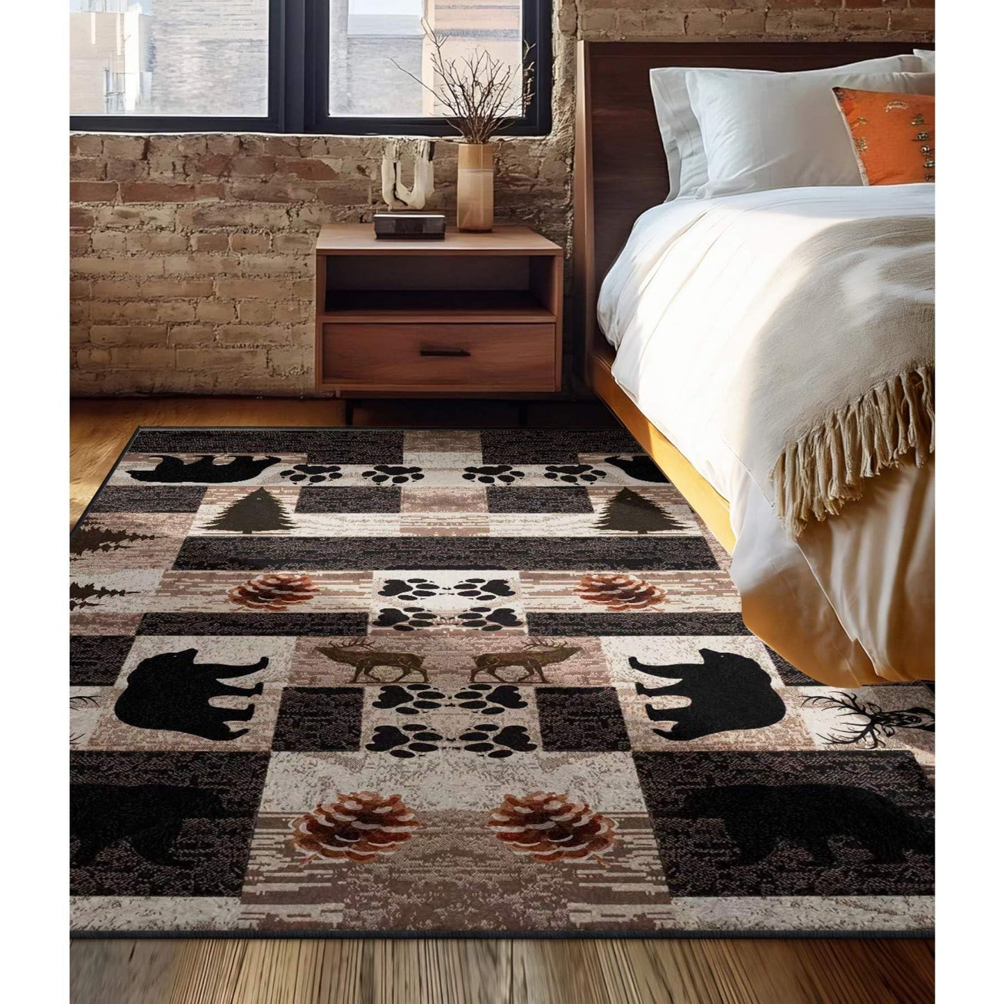 Fouiunler Rustic Lodge Cabin Area Rug 3x4ft Native Western Country Bear Elk Deer Rugs,Forest Hunting Woodland Carpet,Living Room Decoration Pet Friendly Rug Non Slip Washable Rugs for Indoor