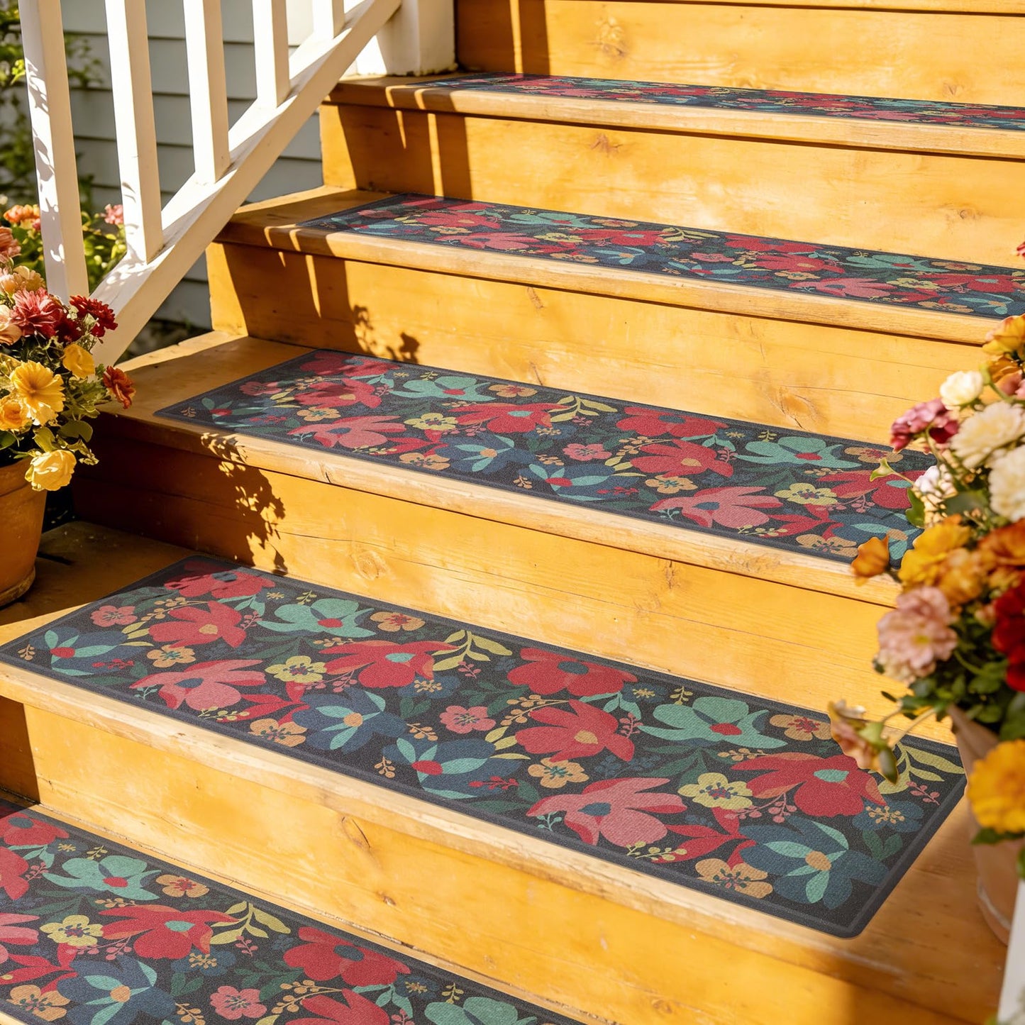 FUNMAT Outdoor Stair Treads Non-Slip, 8" X 30" - 12-Pack Weather Resistant Floral Grip Tape for Wooden Steps, Waterproof & Anti Skid High Traction Adhesive Step Strips for Stairs, Black