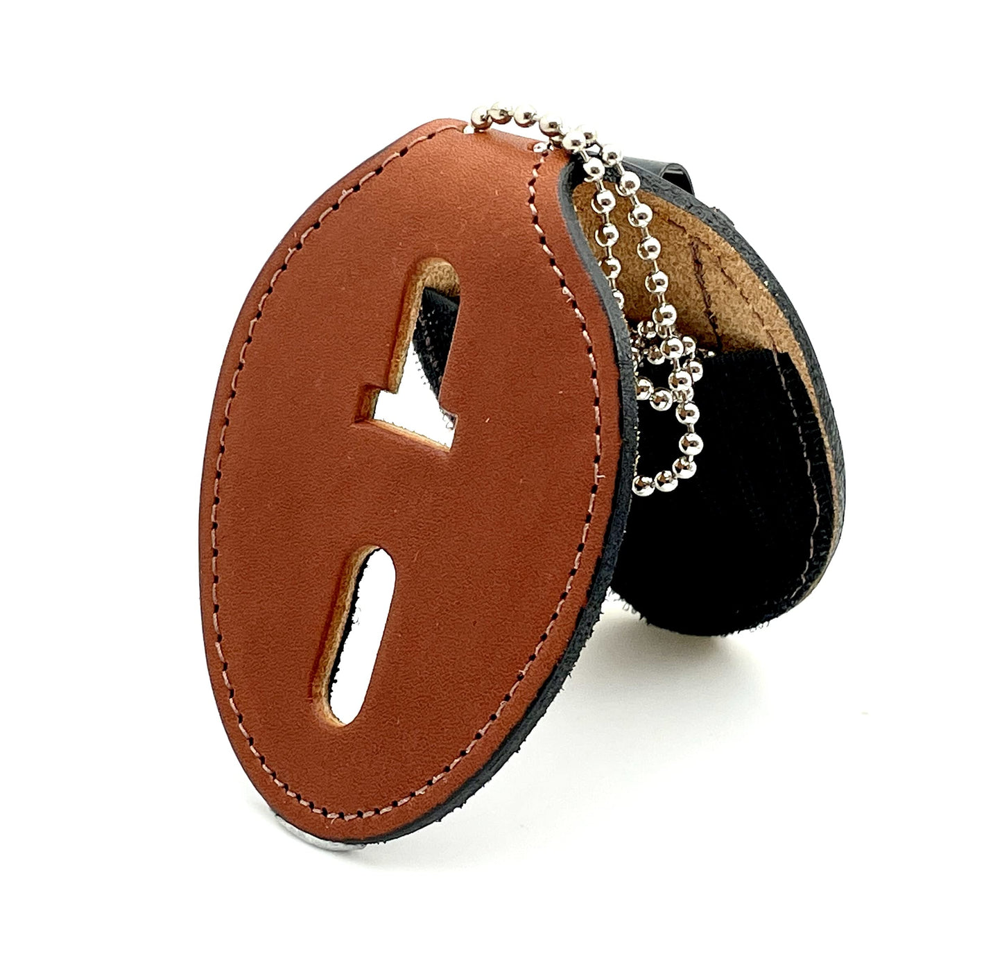 Perfect Fit Universal Oval Police Badge Holder Shield with Metal Belt Clip and Bead Chain Necklace, Hook and Loop Closure, Tan Leather