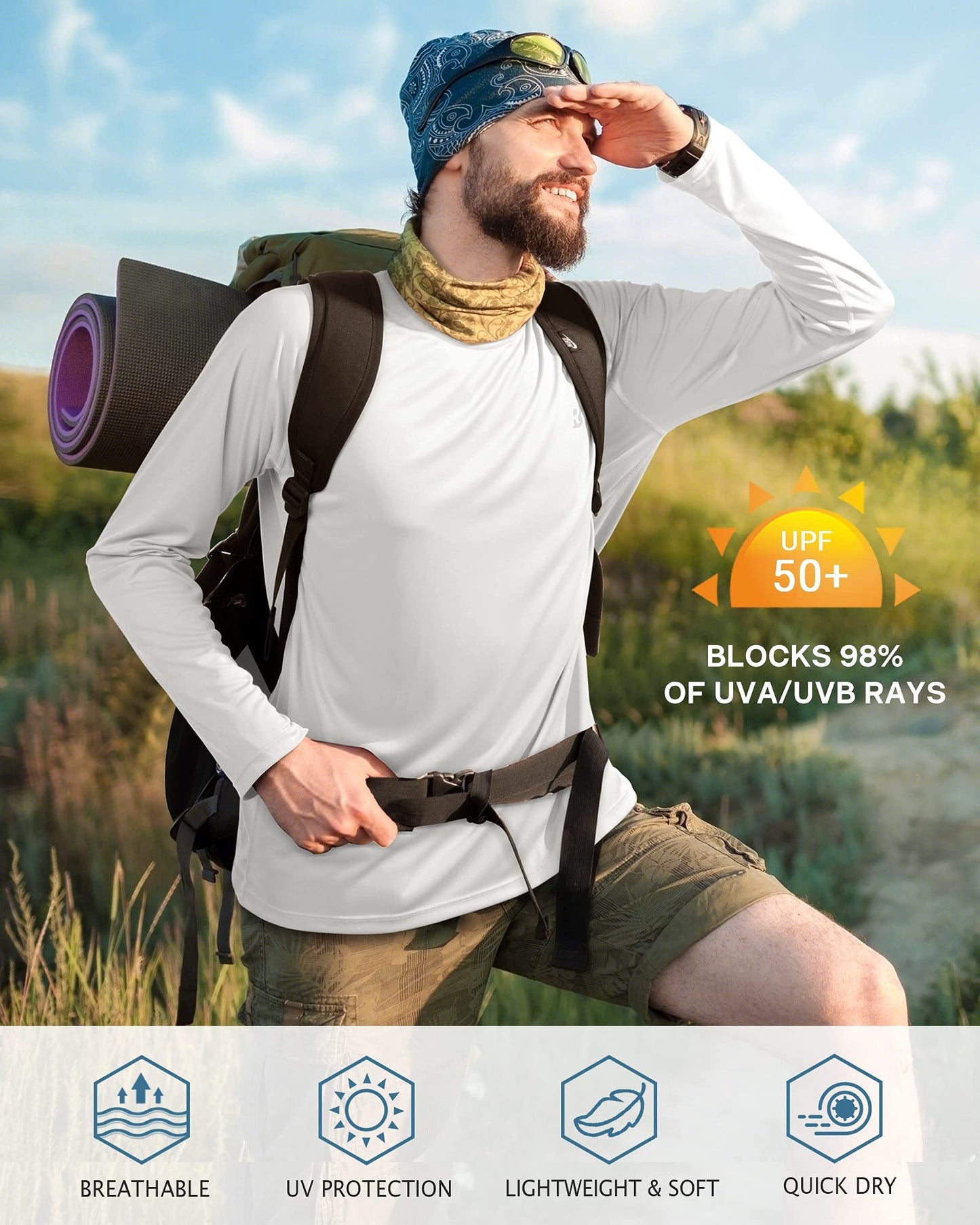 Roadbox Mens UPF 50+ UV Sun Protection Shirts Outdoor Long Sleeve SPF Diving Rash Guard for Fishing Hiking Swimming White