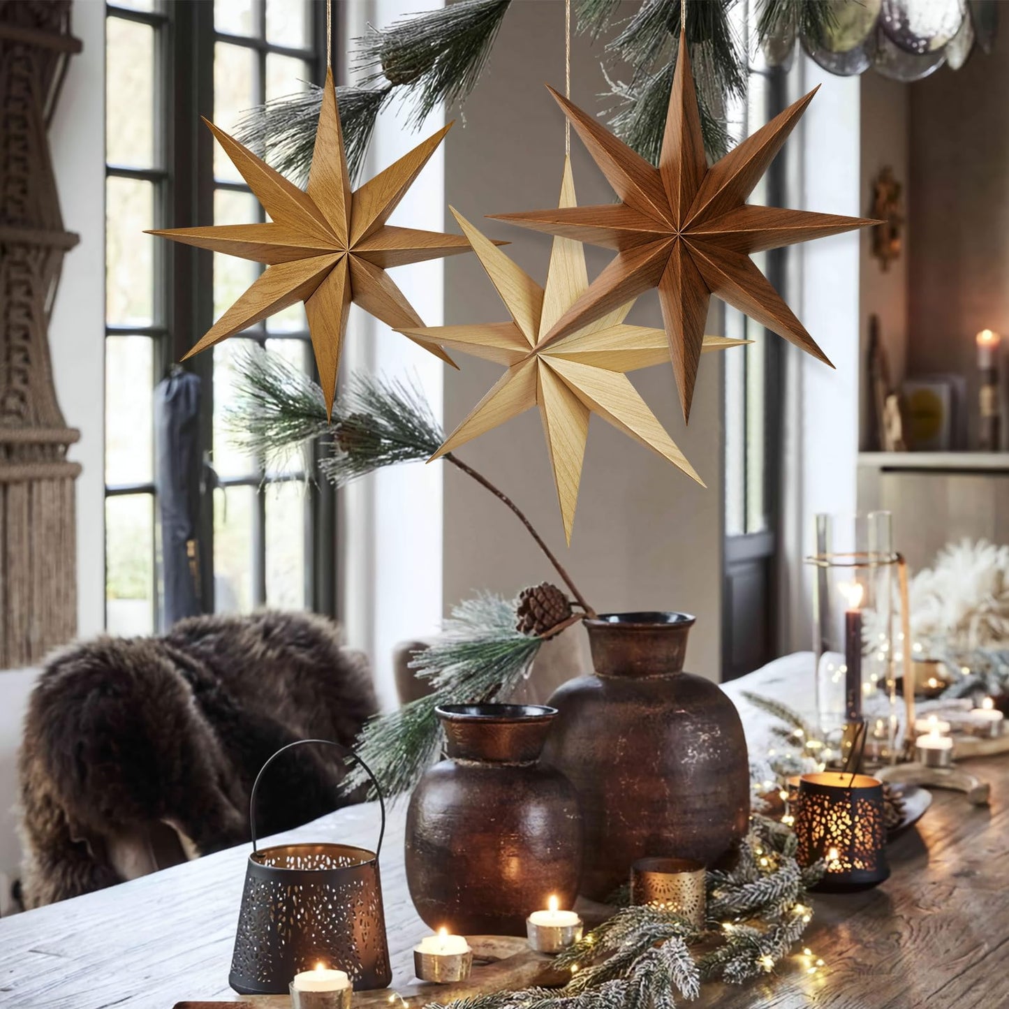 SUNBEAUTY 8-Pointed 12 Inch Paper Star Lanterns Brown Wooden Christmas Lanterns Hanging Lamp Paper Decorations Shade Wedding Birthday Christmas Home Party Decorations