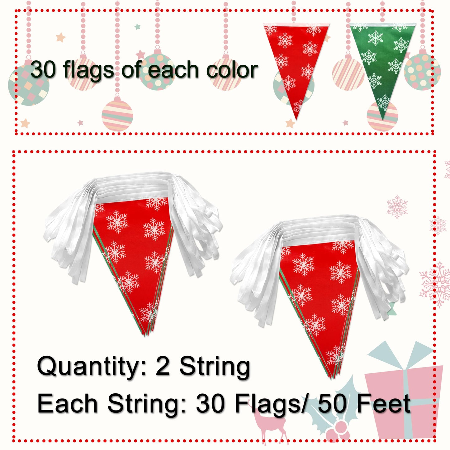 LoveVC 100 Feet Red Green Christmas Pennant Banner Flags String Triangle Bunting Garland with White Snowflakes for Christmas Tree Indoor Outdoor Shops Hanging Decoration,60 Pcs