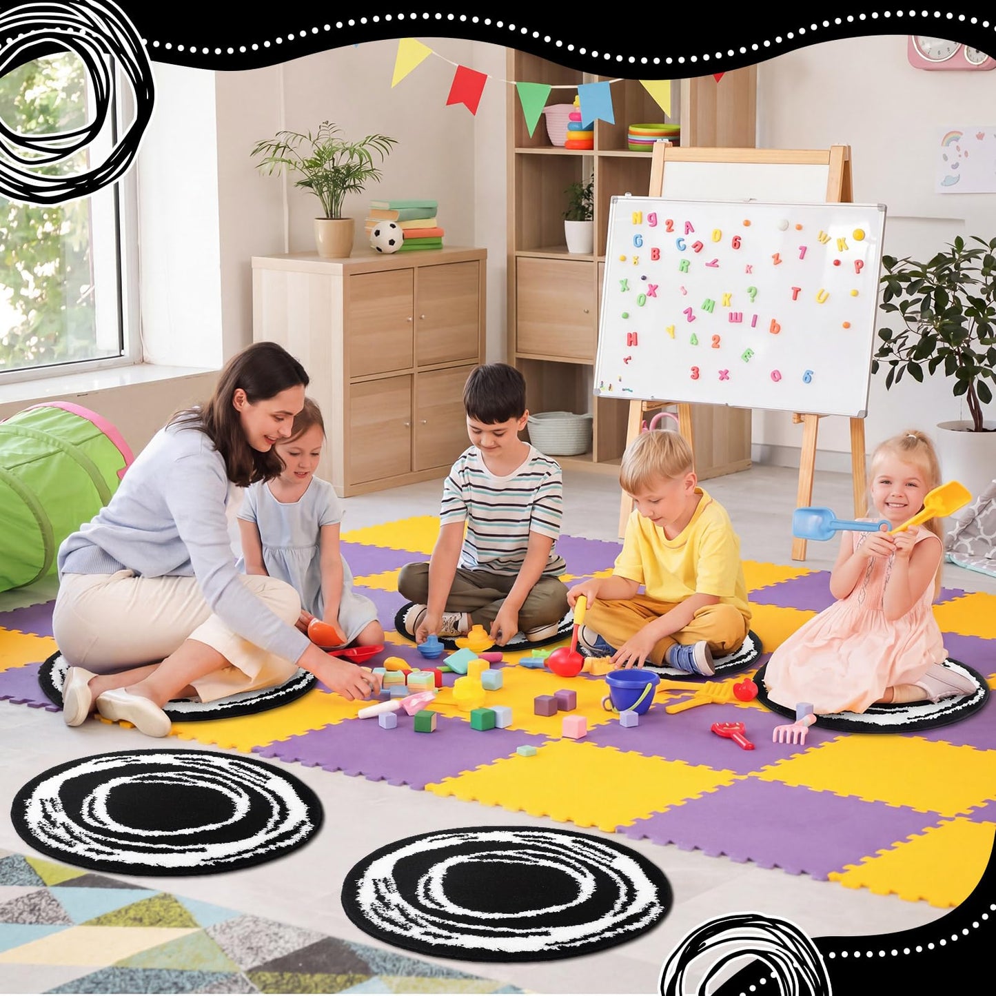 Teenyyou 6 Pcs 16" Black Fluffy Round Classroom Rug Elementary Sampler Abstract Educational Fuzzy Plush Area Rug Kid Room Children Classroom Carpet Playroom Learning Black Round Flexible Seat