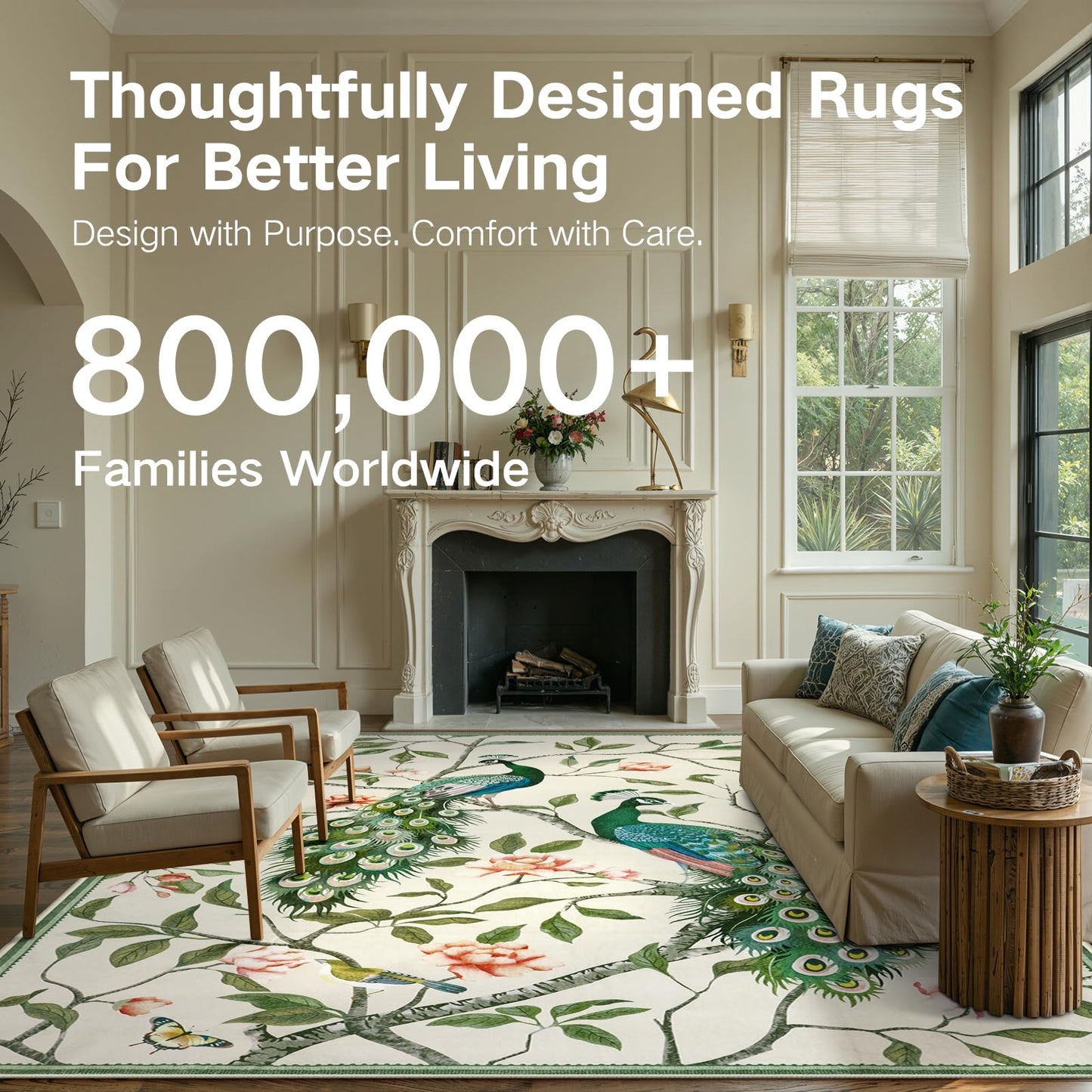 Anidaroel Whimsical Peacock Feathers Area Rug, 8x10 Washable Rugs for Living Room Eclectic Bird Carpet, Soft Large Bedroom Rug Stain-Resistant Dining Room Floor Carpet for Study Home, Beige