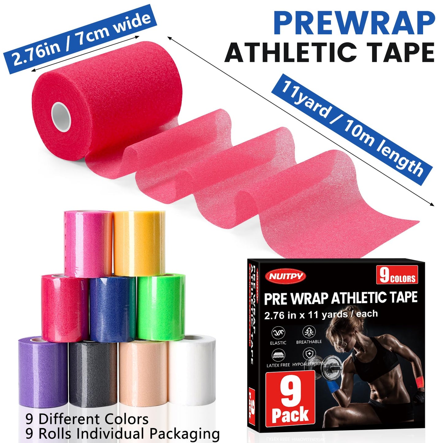 9 Pack Pre Wrap Tape, 9 Colors 2.76 Inch x 11 Yards Prewrap Athletic Tape for Hair Soccer, Pre Wrap Foam Tape, Soccer Pre Wrap Tape, Prewrap Headbands for Hair