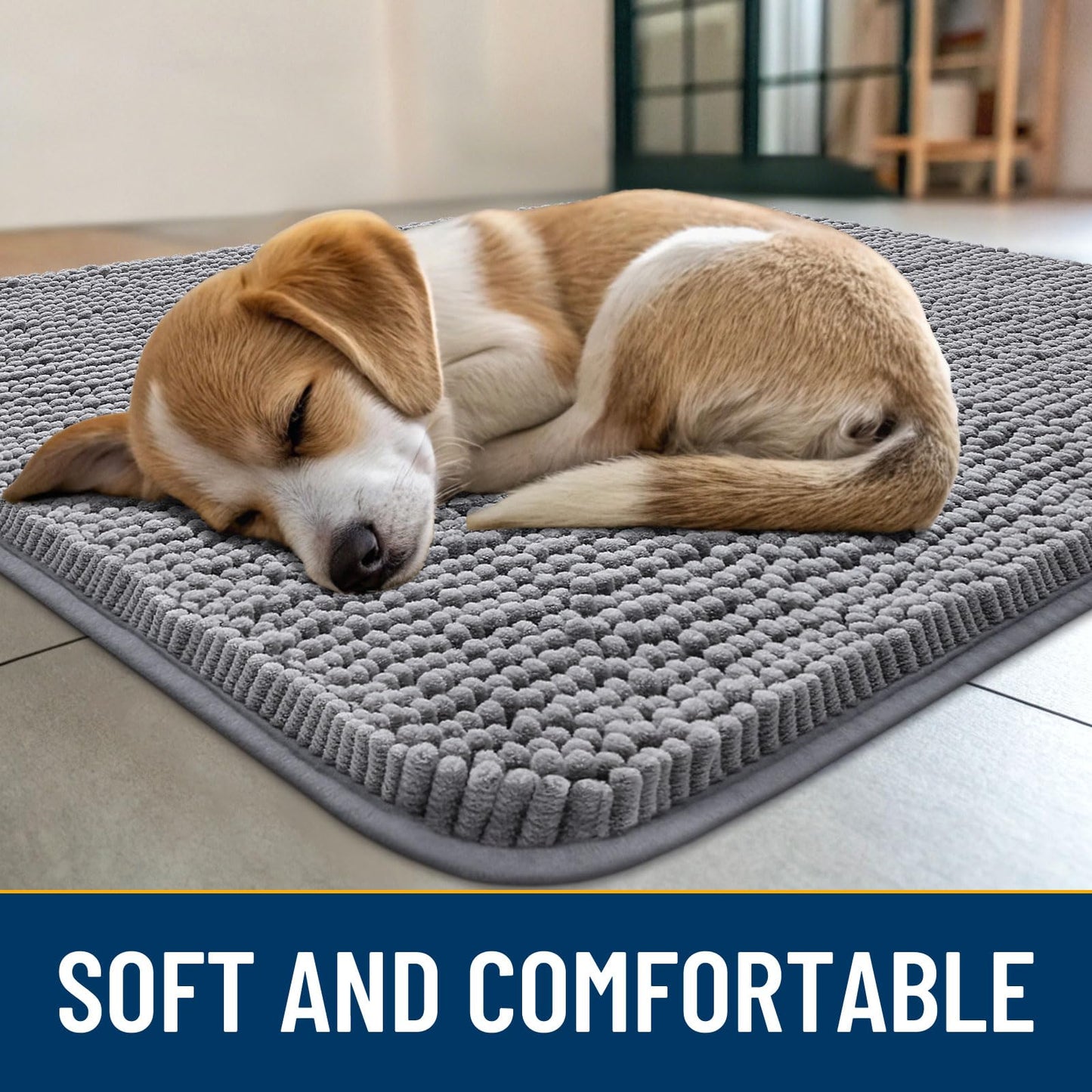 Smiry Dog Door Mat for Muddy Paws 30x20, Absorbent Dirt Trapper, Non-Slip Washable Chenille Entryway Rug for Inside Floor, Grey, Classic Solid