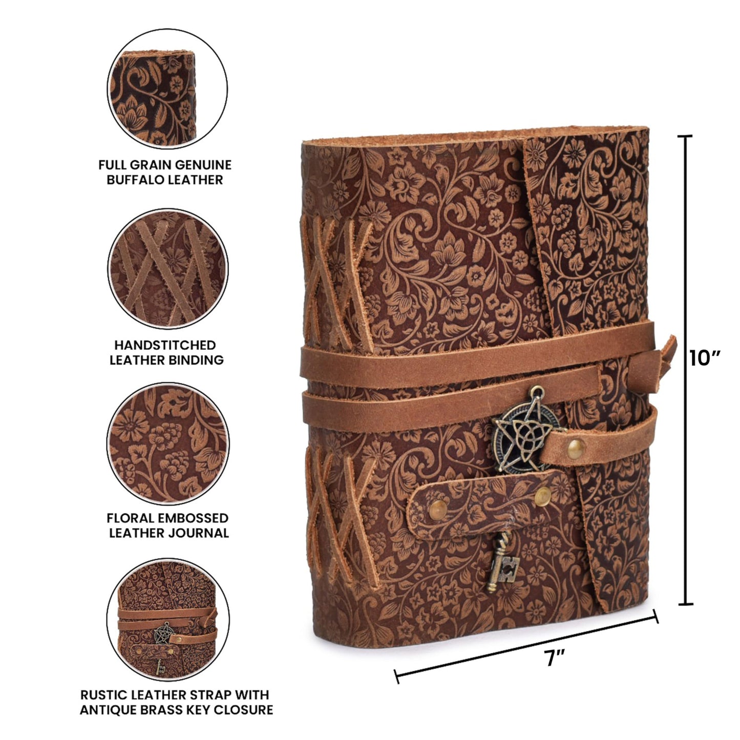 LEATHER VILLAGE Handmade Leather Bound Floral Embossed Journal for Women | 260 Pages Blank of Vintage Paper Writing, Sketchbook, Notebook - Rustic Brown - 10X7 Inches