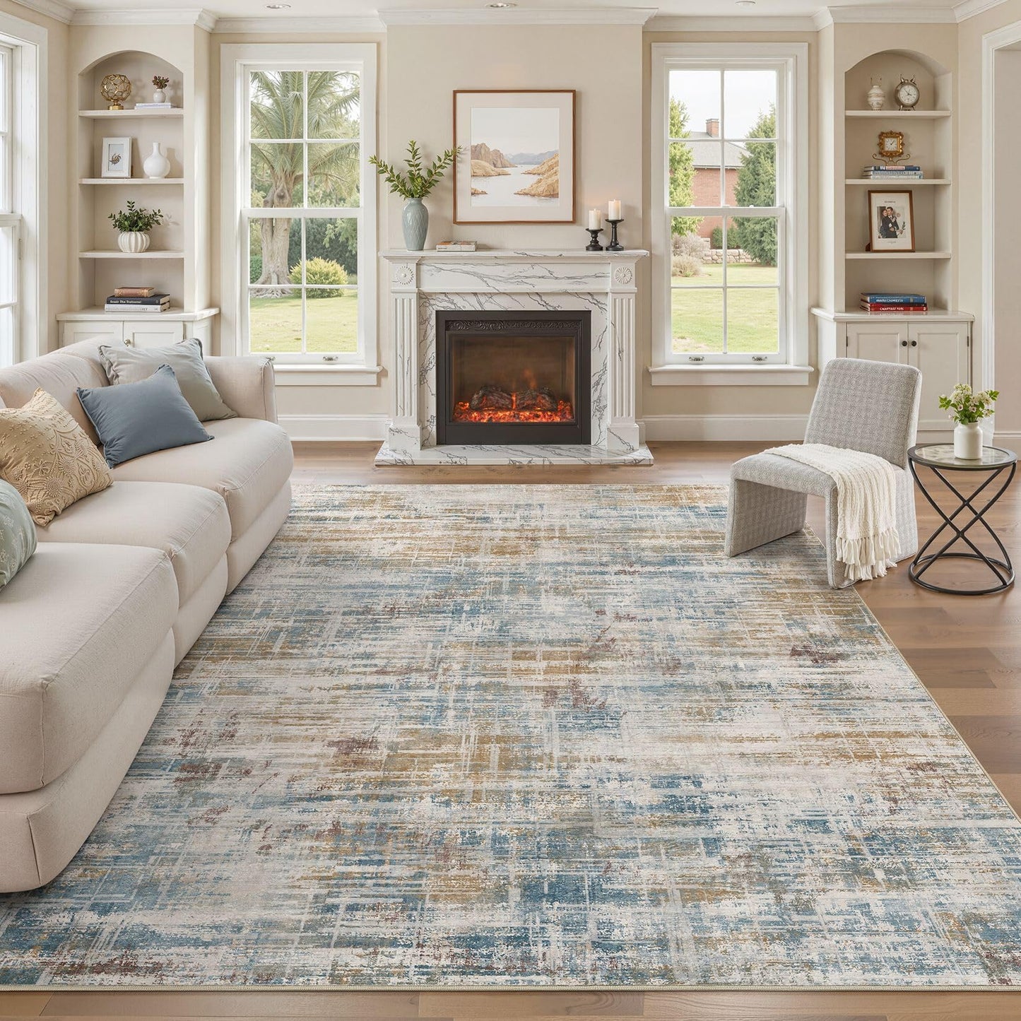 UERMEI 8x10 Washable Area Rug for Living Room: Modern Neutral Abstract Large Soft Low Pile Carpet Non-Slip Pet Kids Friendly Indoor Decor for Bedroom Dining Room Home Office Nursery Blue Brown