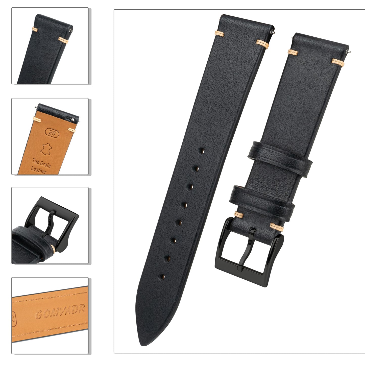 Gomvadr Handmade Slim Vintage Top Grain Leather Watch Strap, Quick Release, 18 mm/19 mm/20 mm/21 mm/22 mm, Silver/Black Buckle, Tan/Brown/Blue/Black/Coffee, Unisex for Men Women (Black with Black Buckle, 20mm)