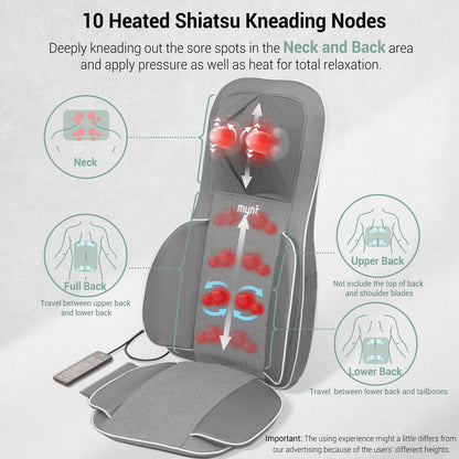Mynt FSA HSA Eligible 3D Shiatsu Neck and Back Massager for Chair with 10 Deep Kneading Nodes, Adjustable Gray Back Massage with Heat, Portable Massage Chair Pad, Gifts for Father Day