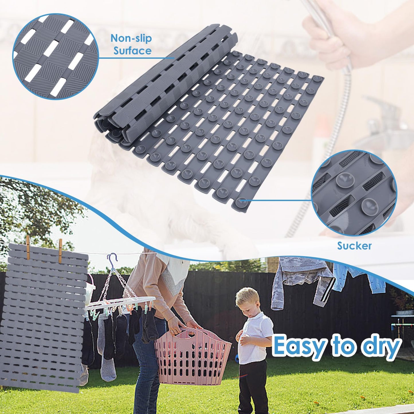 Wiojtry Bathtub Shower Mat, Pet Dog Bathing Non-Slip Mat, Dog Bath mat for tub, Quick Drain Bathtub Mat with Suction Cups & Drain Holes for Bathroom, 27.1x15.7 Inch