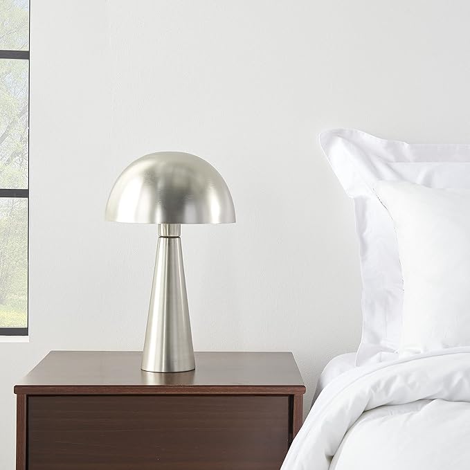 Nourison Home 16" Silver Metal Mushroom Table Lamp, Modern, Retro, Desk Light for Bedroom, Dining, Office, Entryway