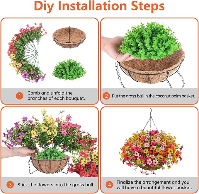 Artificial Fall Flowers with Hanging Baskets Outdoors for Decoration Faux mums for Outdoor planters Fake Mums Artificial Hanging Plants UV Resistant for Autumn Porch Home Patio Decor (Honey Gold)