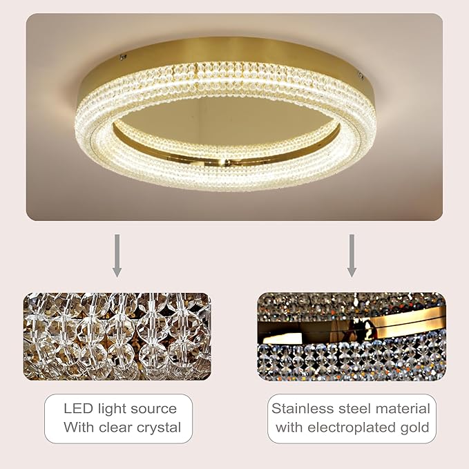 23.6" Gold LED 3 Color Remote Dimmable Modern Crystal Chandelier Round LED Crystal Ceiling Light Fixture Flush Mount Chandelier Ceiling Light with Crystals for Hallway Bedroom Kitchen Foyer (Gold)