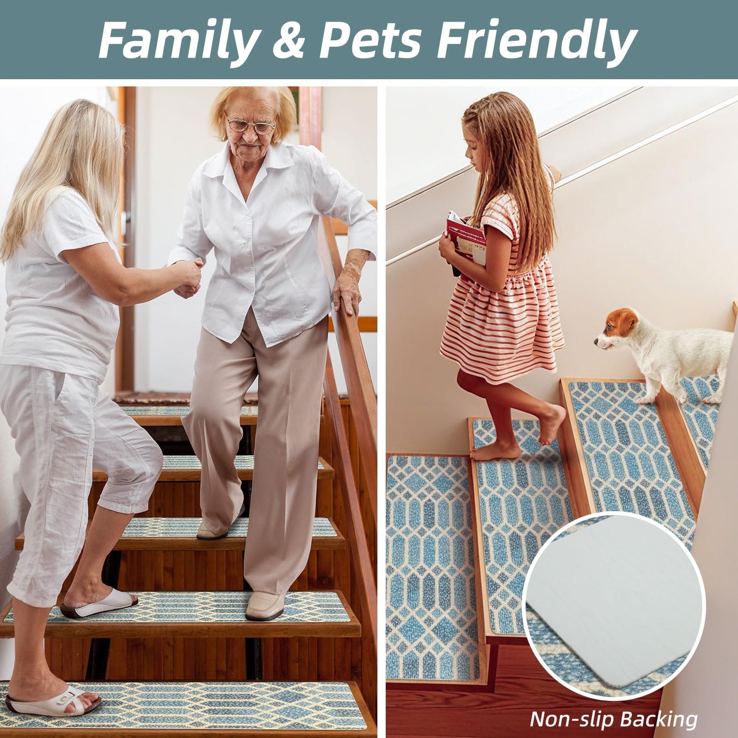 Calore Stair Treads for Wooden Steps Indoor Runner Rug, 15 Pack 8" X 30" Non Slip Carpet with Reusable Adhesive for Kids Elders and Dogs, Peel and Stick Stairs Treads (Blue Grey, 8 X 30inch)