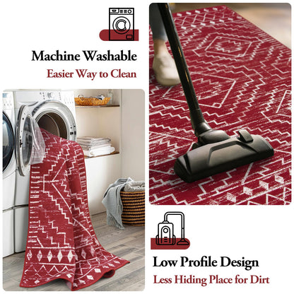 Wonnitar Moroccan Washable 3x5 Rug for Living Room, Non-Slip Chrisrmas Rug for Entryway, Low Pile Soft Farmhouse Area Rug for Bedroom Entry Kitchen Basement (Red,3'x5')
