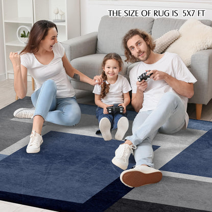 AICLIV Washable Low-Profile Geometric Area Rug, 0.2 inch Thin Abstract Rug Design for Living Room & Bedroom Decor, 5x7 ft Blue Grey Modern Non-Slip Floor Rug