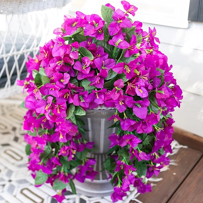 HyeFlora Bougainvillea Artificial Hanging Flowers Plants for Outdoors Decoration, 2pcs Fake Flowers Silk Bougainvillea Vines Realistic UV Resistant Faux Flowers for Outdoor Planters Patio Urn, Purple