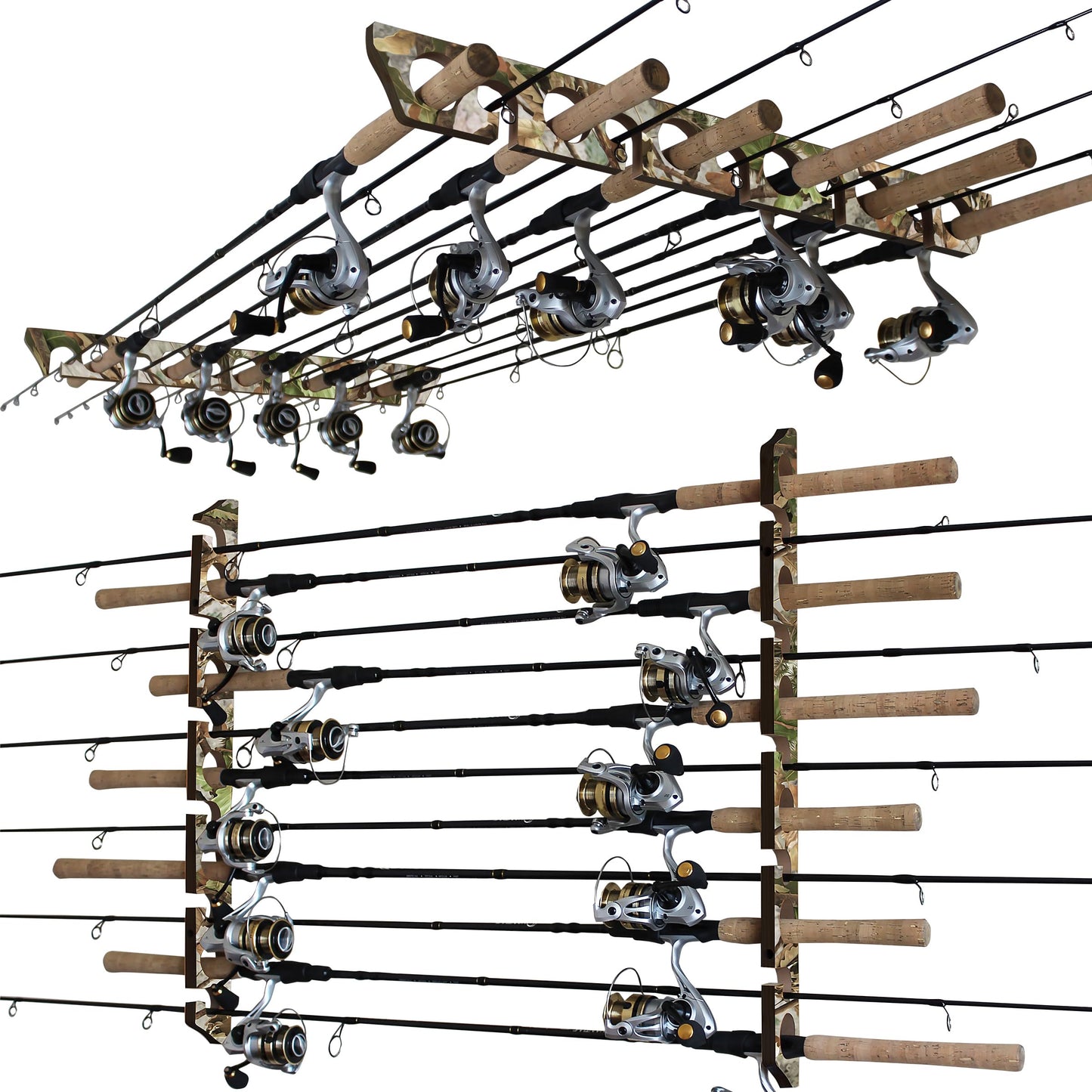 Rush Creek Creations 11 Rod Fishing Pole Holder - Wall Mount Vertical Rack for Garage Organization, Engineered Wood Camouflage Fishing Rod Storage Organizer 27" L x 2.75" W x .65" H