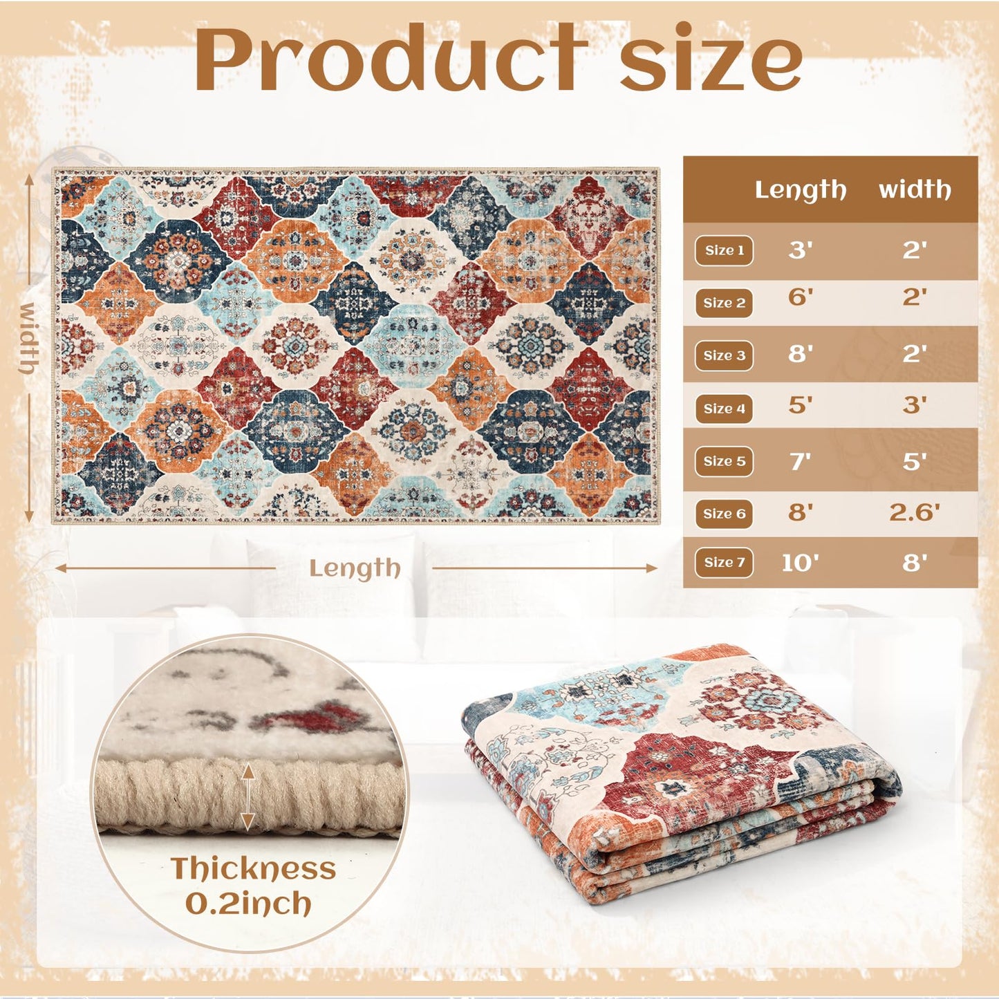 FLYRUGGO Area Rugs, 5x7 Washable Boho Throw Rug Indoor, Moroccan Trellis Bohemian Ultra Soft Large Non-Slip Carpet for Living Room Dining Room Office Bedroom (001-Orange/Multi, 5x7)