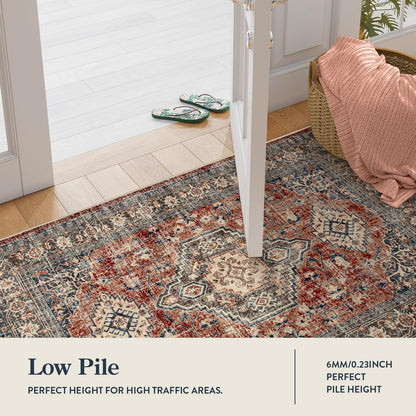 Lahome Oriental Washable Round Area Rug, Non-Slip Round Rugs 6ft Ultra-Thin, Soft Large Throw Circle Carpet for Living Room Bedroom Kitchen Nursery Eleanor, Brick Red