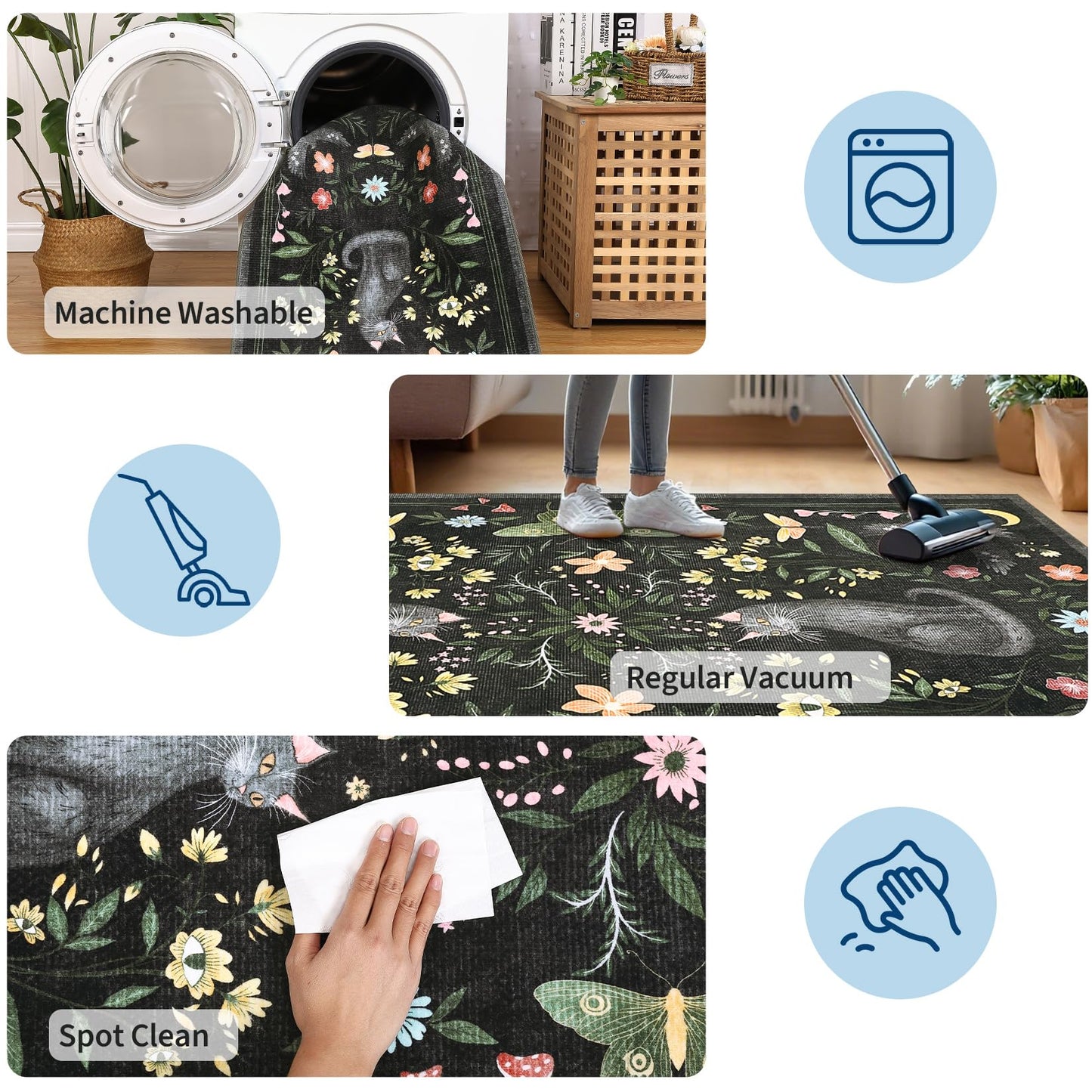 GarveeHome 2x6 Cat Washable Runner Rug for Kitchen, Soft Black Hallway Runner Non Slip Mushroom Moths Entryway Rug Floral Laundry Mat Stain Resistant Carpet for Bedroom Bathroom Beside Rug
