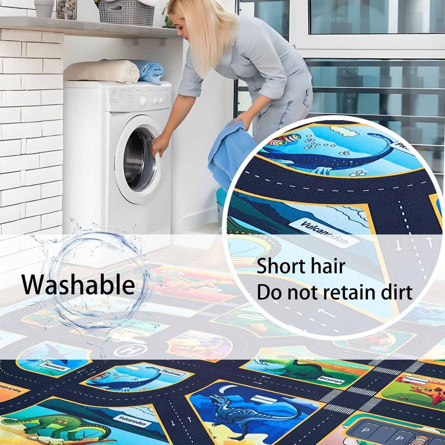 CLAILEIRS Cartoon Dinosaur Rug, Washable Dinosaur Mat with Road, Dino Play Mat Carpet for Boys Bedroom, Playroom (47"×71")