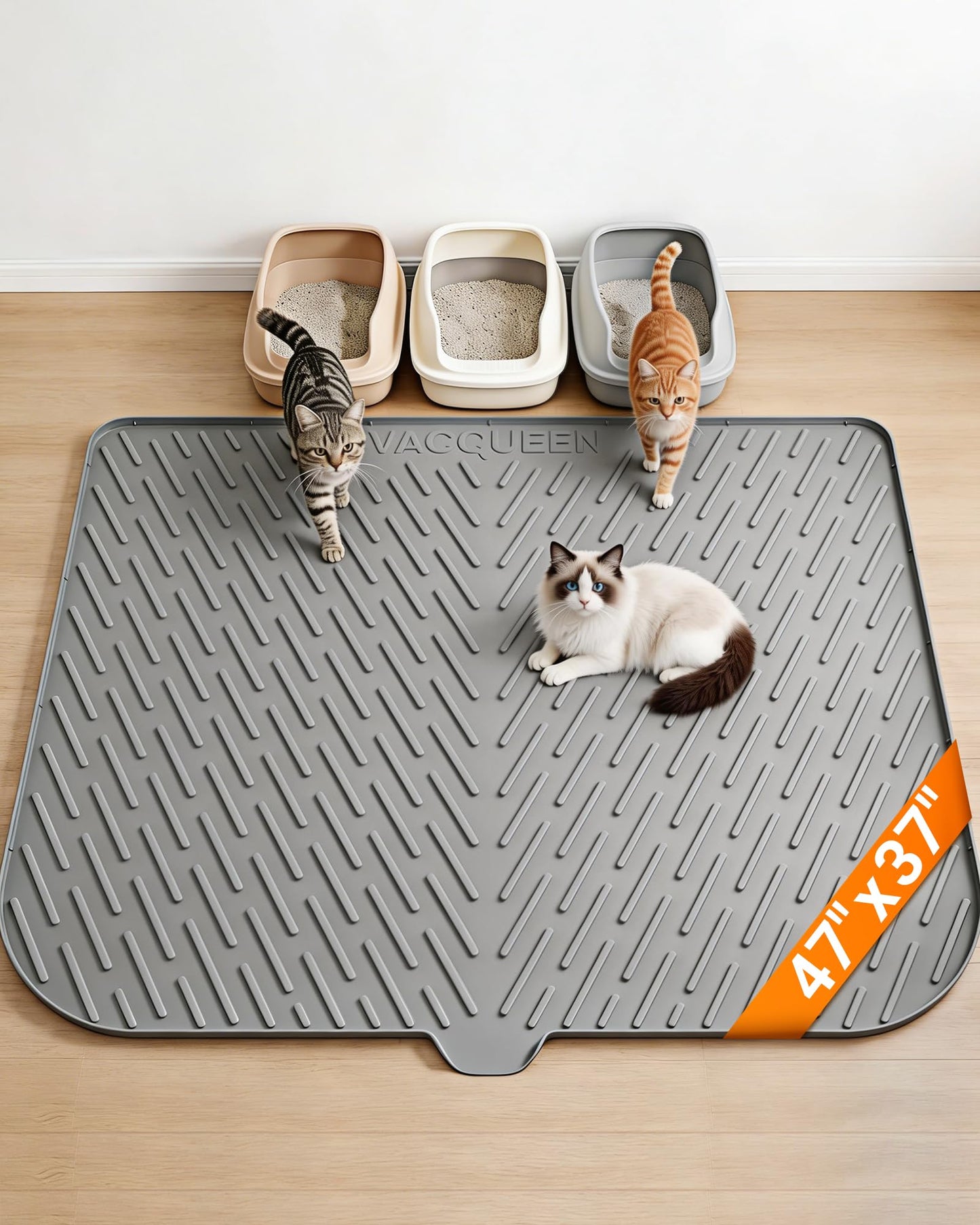 Vacqueen Cat Litter Box Mat, 47" x 37" Extra Large Cat Litter Mat, Silicone Waterproof Litter Trapping Mat for Scatter Control Soft on Kitty Paws Non-Slip Easy to Clean (Grey)